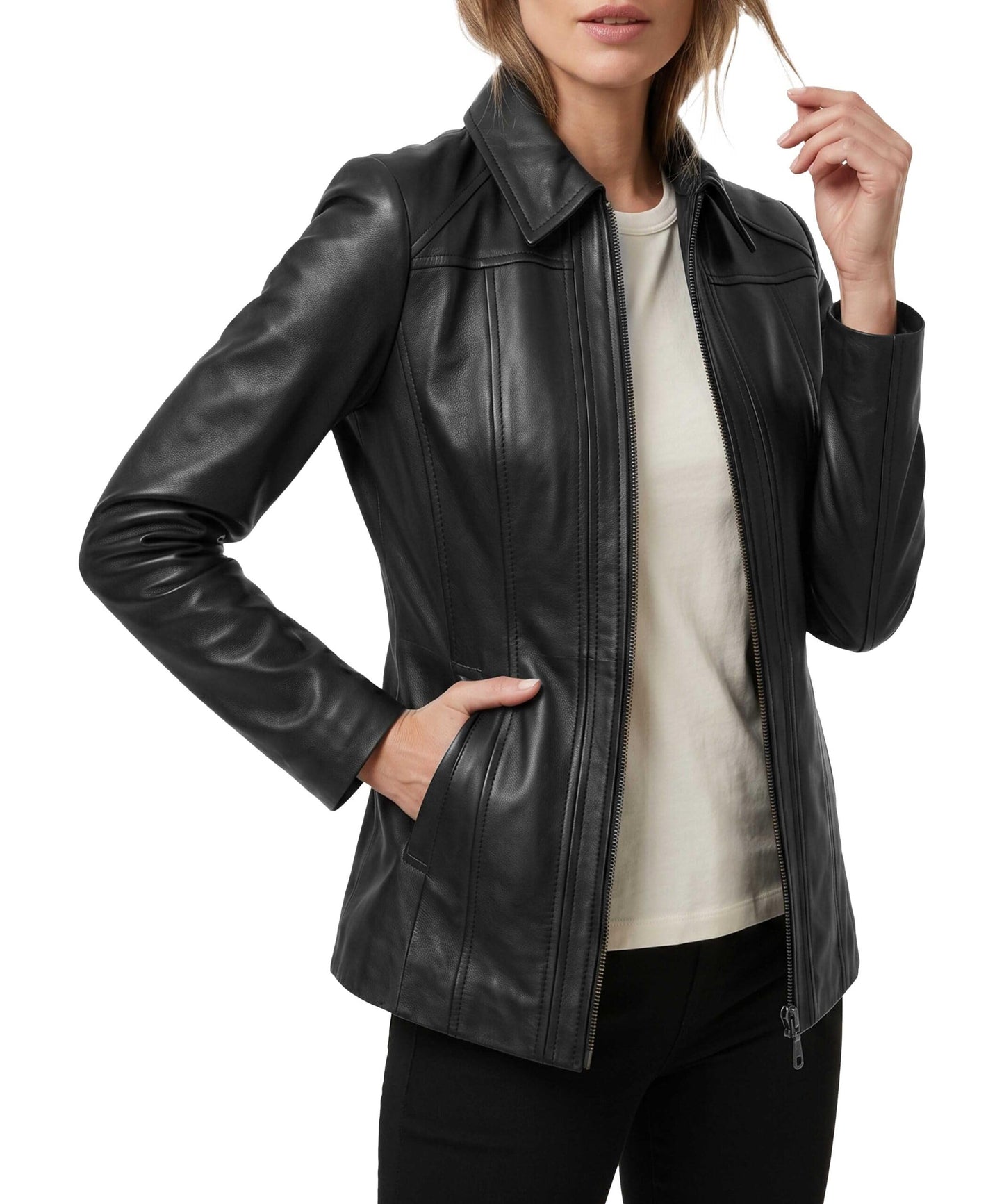 TRENDS GENESIS Premium Genuine Lambskin Long Leather Jacket Black Leather Coats for Women, Classic Car Coat Look XL