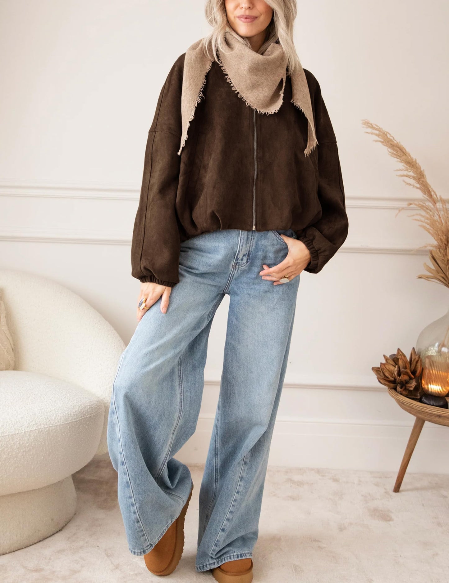 Tanming Womens Faux Suede Leather Jacket Casual Oversized Long Sleeve Zip Up Bomber Jackets Coats Outerwear(Coffee-M)