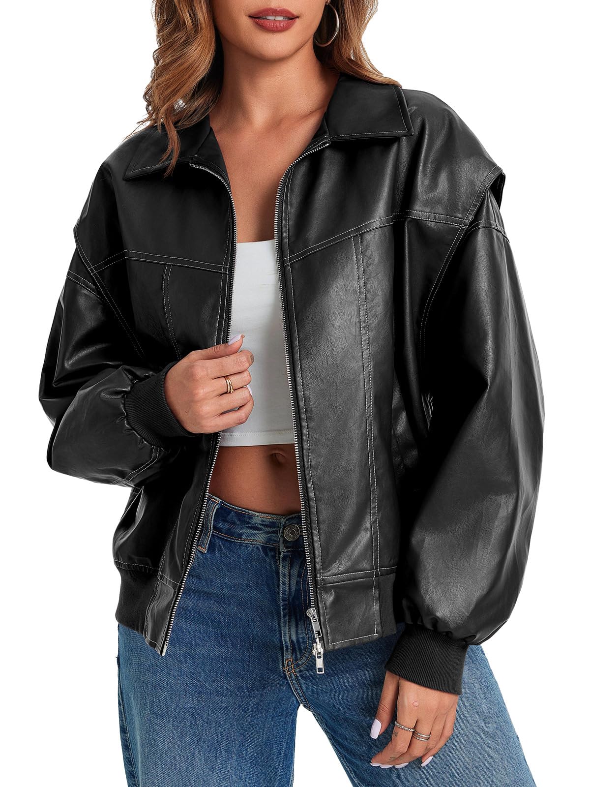 Tankaneo Womens Oversized Leather Bomber Jackets Cap Sleeve Zip Up Motorcycle Coats with Pockets