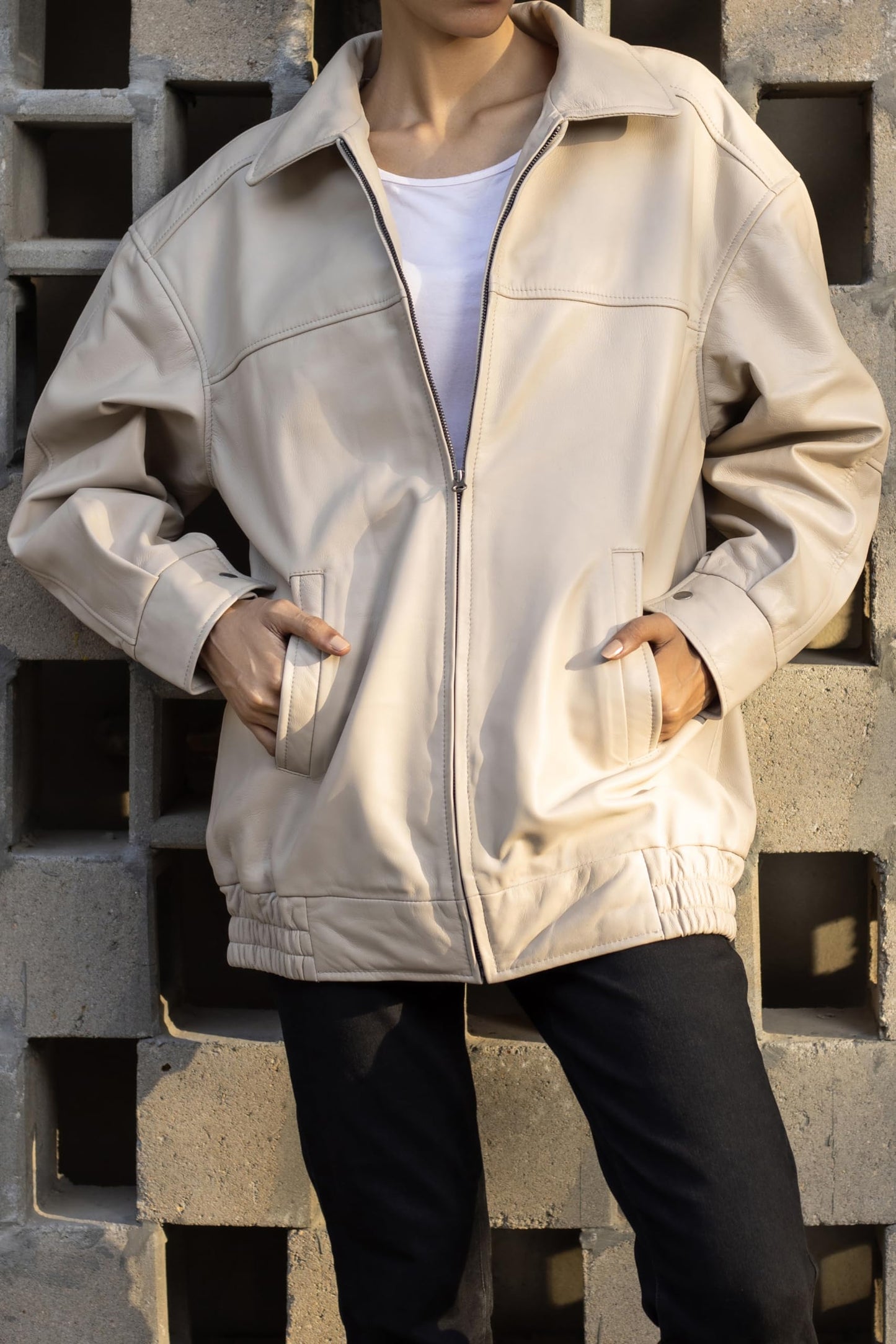 Jild Oversized Leather Jacket Women - Lambskin Leather Fall Jacket for Womens Fashion Plus Size Outfits (OSW-A.White-M)