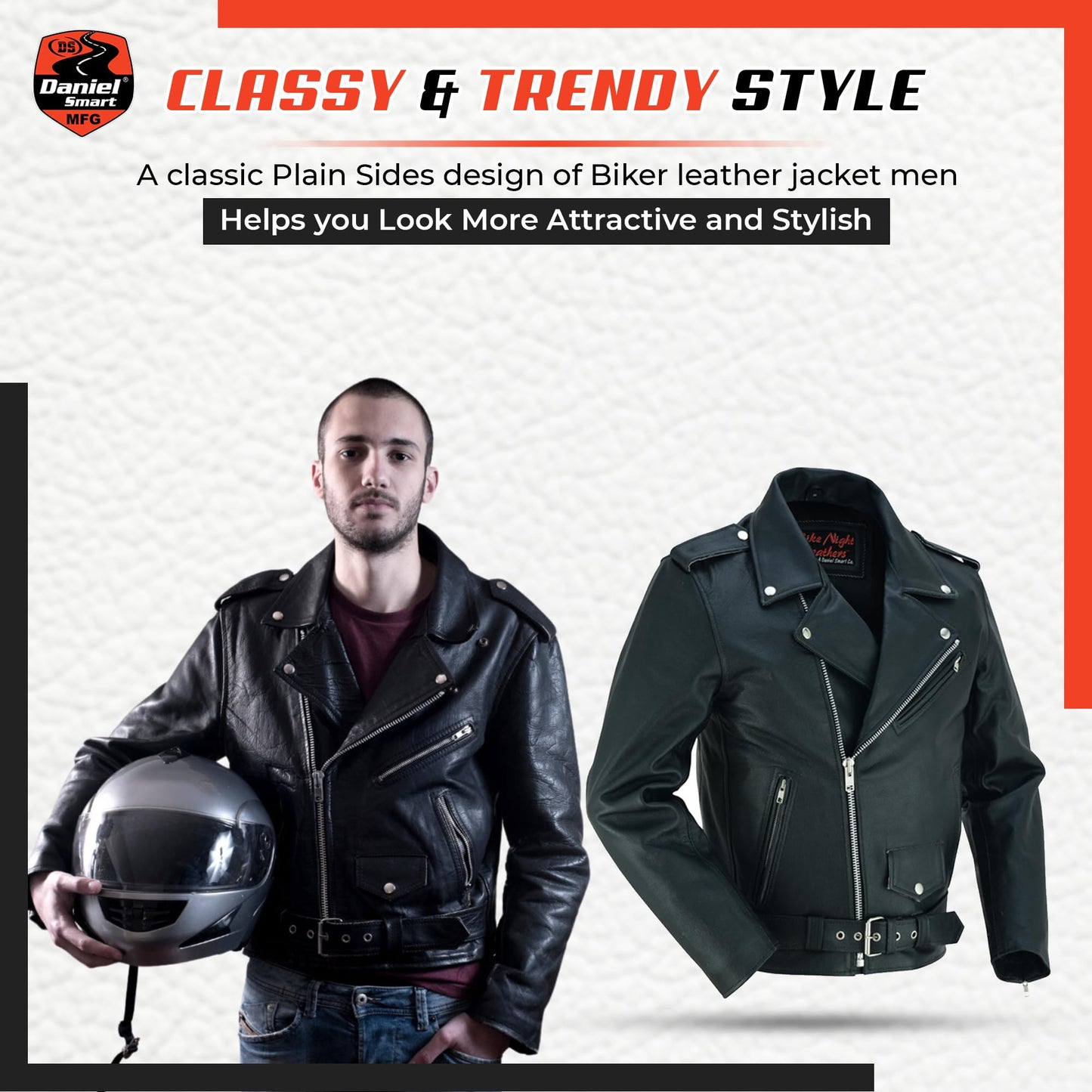 Daniel Smart Men Motorcycle Leather Jacket Black Economy Biker Leather Jacket with inside Pockets & Heavy Duty Zippers