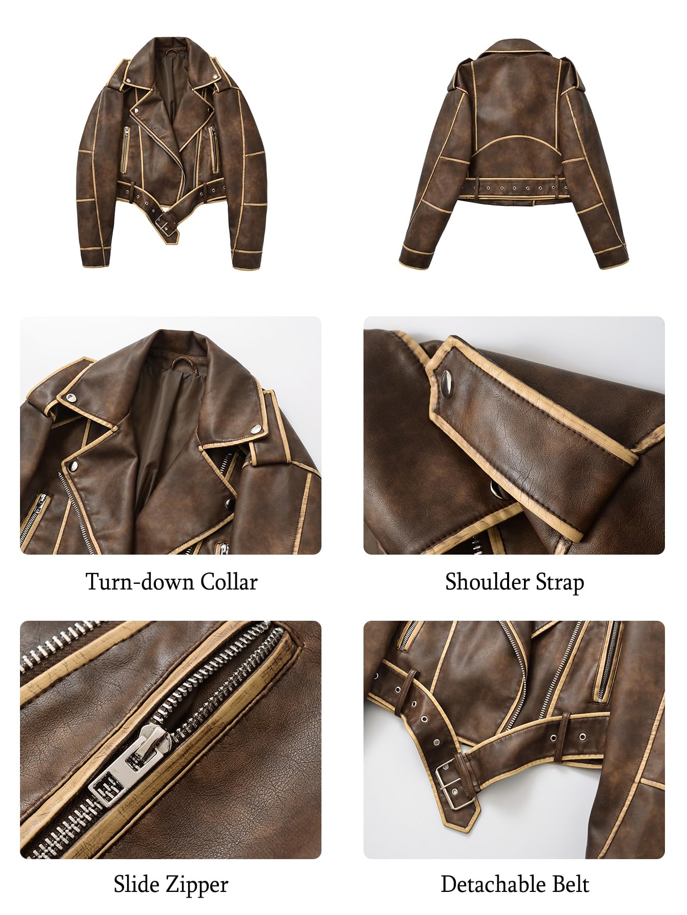 LY VAREY LIN Women Faux Leather Cropped Jacket Lapel Zipper Biker Short Coat with Belt