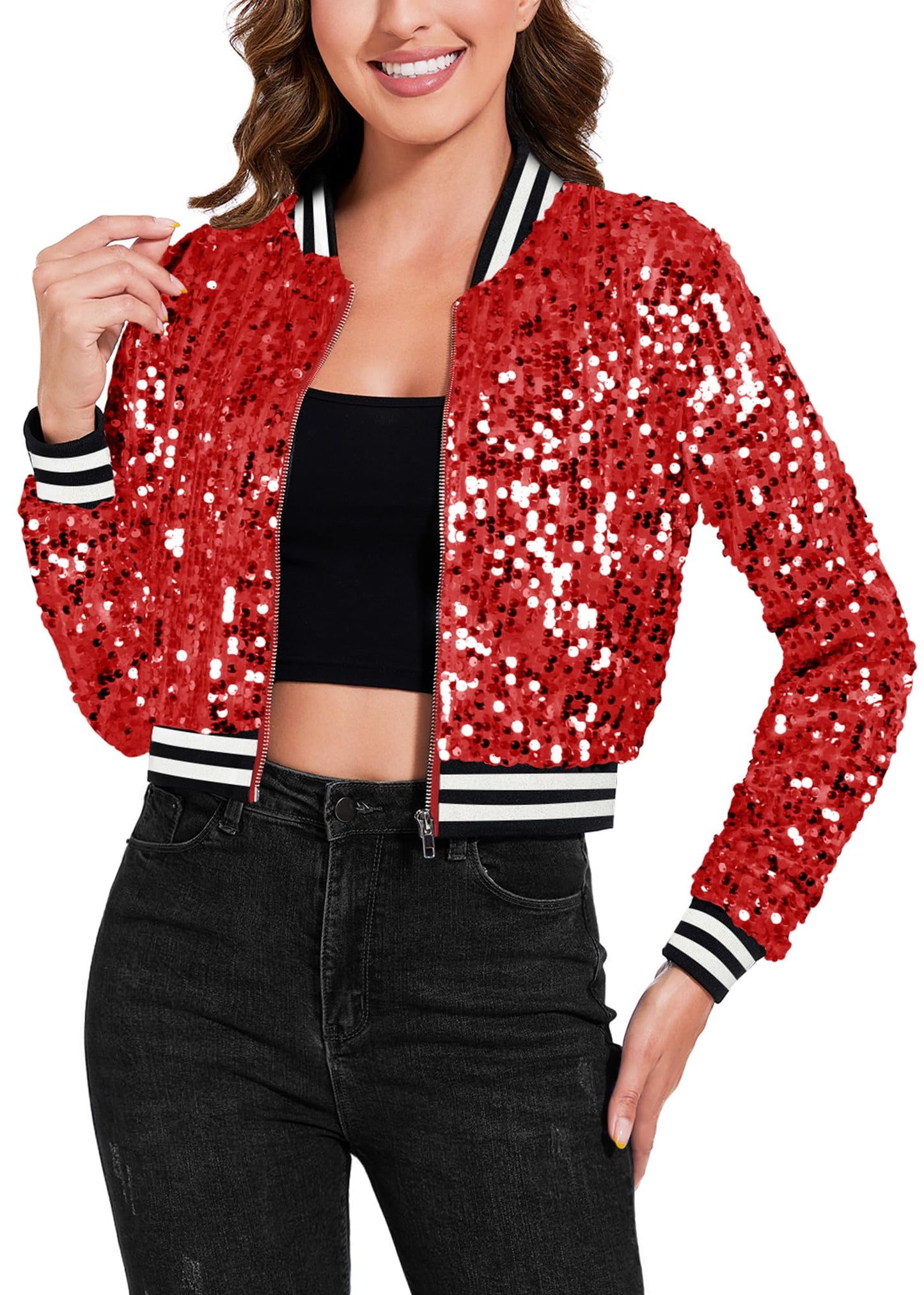 Anna-Kaci Women's Sparkly Sequin Cropped Jacket Long Sleeve Zipper Up Party Club Bomber Jacket, Red, X-Large
