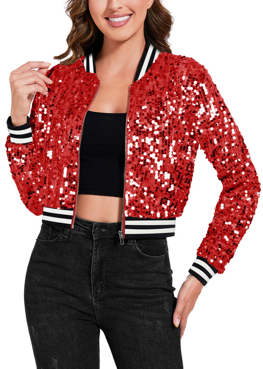 Anna-Kaci Women's Sparkly Sequin Cropped Jacket Long Sleeve Zipper Up Party Club Bomber Jacket, Red, X-Large
