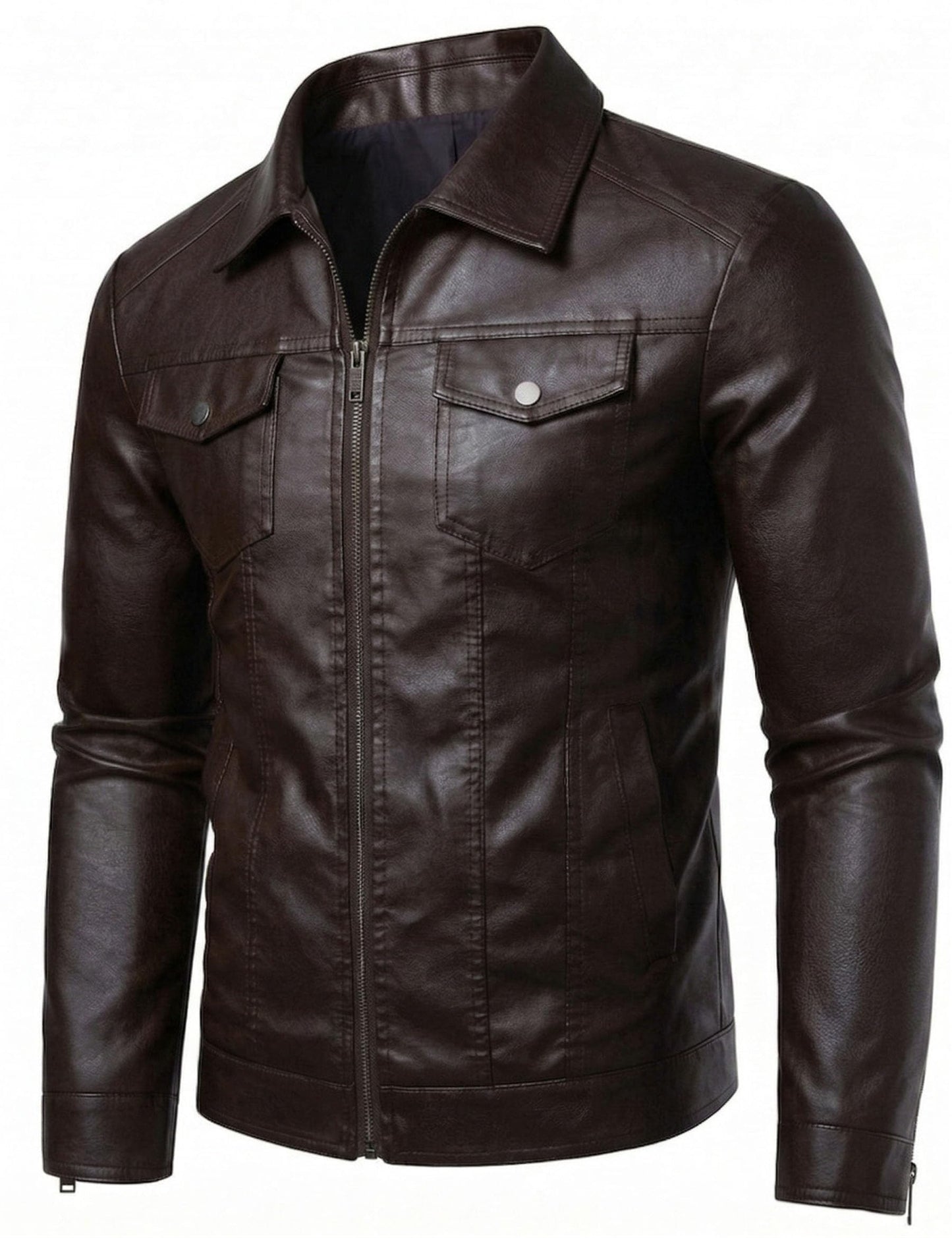 Brown Leather Jacket Men Faux Leather Moto Biker Coat Outwear Windproof L
