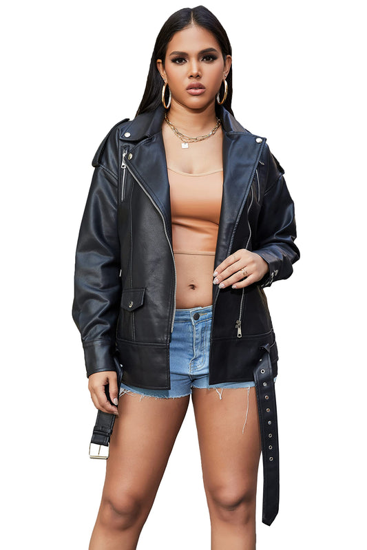 LY VAREY LIN Women Black Faux Leather Jackets Zipper Casual Short Coat Turn-down Collar Motor Biker Jacket with Belt