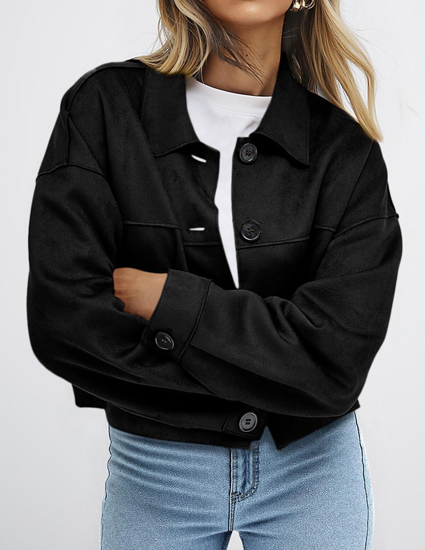PRETTYGARDEN Women's Faux Suede Cropped Jacket Casual Lightweight Fall Fashion 2026 Winter Coats Outerwear Trendy Clothes (Black,Medium)
