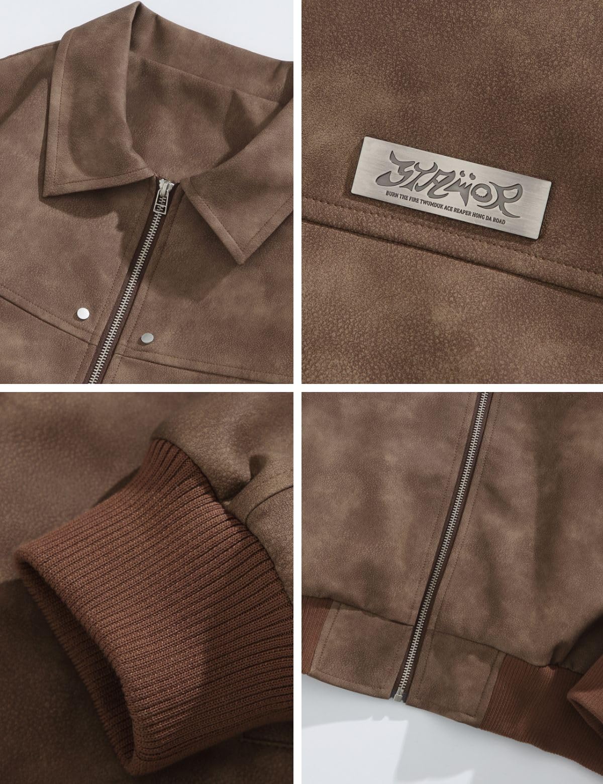 Fullneat Men’s Faux Leather Bomber Jacket Boxy Vintage Motorcycle Moto Coat Black Jacket Unisex Streetwear Zip Up Biker Outerwear Fashion Trendy Outfits for Men Women Casual Daily Wear Brown L