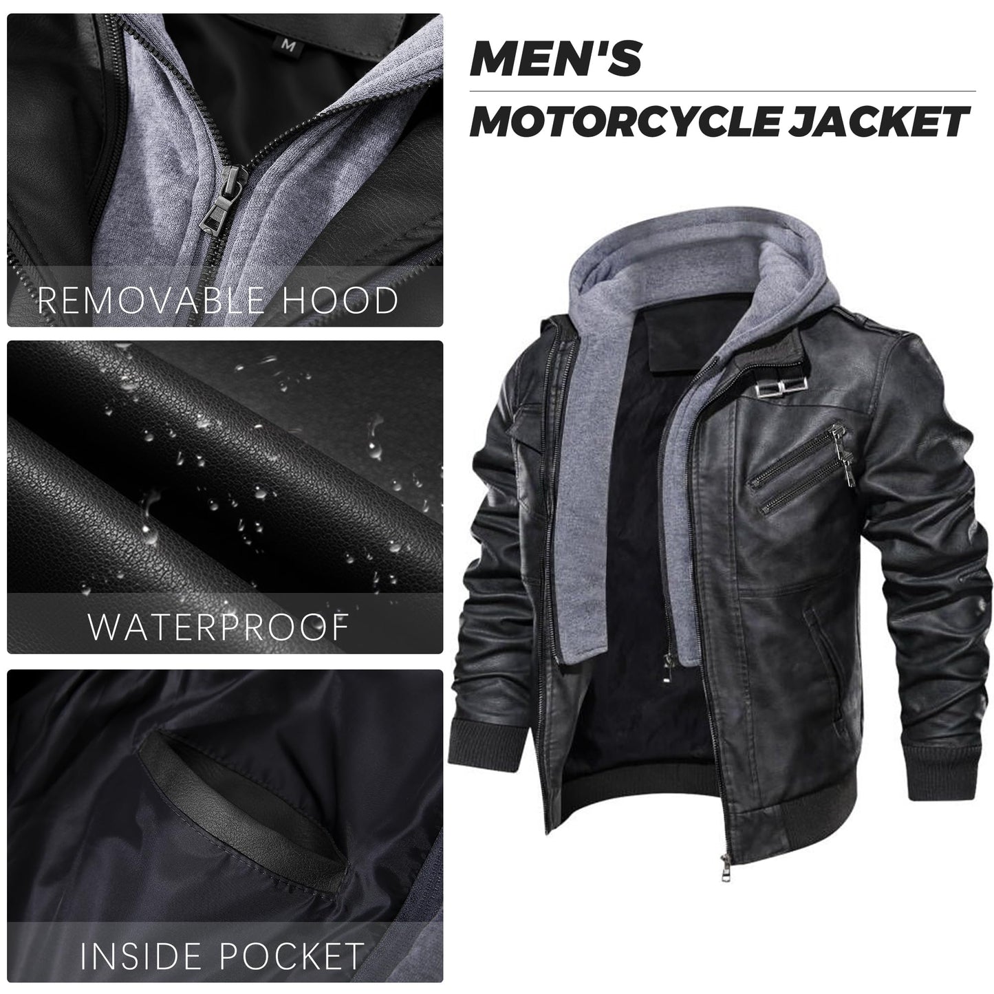 JYG Men's Faux Leather Jacket Stand Collar Motorcycle Bomber Jackets with Removable Hood (Black,S)