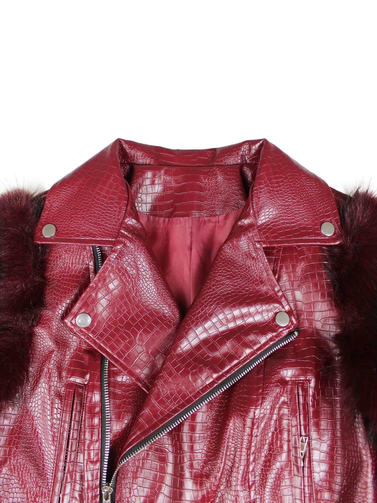pnahip Faux Fur Leather Jackets for Women Lapel V Neck Long Sleeve Zipper Patchwork Crop Jacket Going Out Outerwear, Red, XL