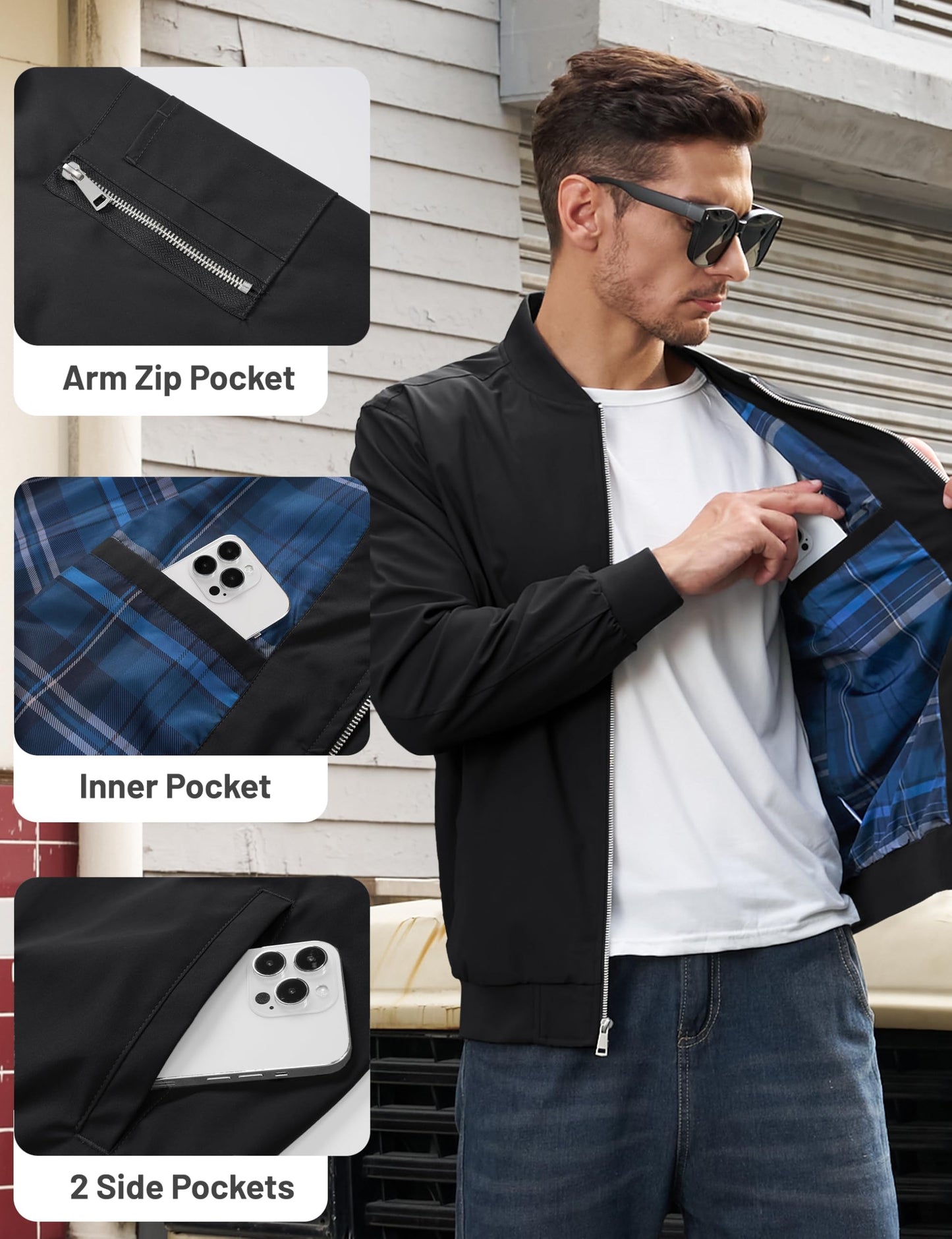 TACVASEN Bomber Jacket Men Black Jacket for Men Lightweight Lined Windbreaker Casual Outdoor Windproof Full Zip Warm Coats