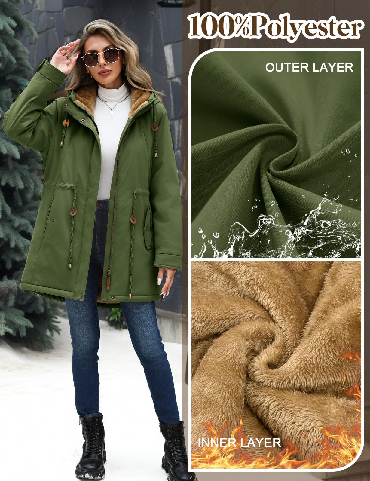 Yusongirl Parka Jacket Women Waterproof Fleece Lined Hooded Warm Winter Coat with Pockets for Daily Commute & Outdoor (Green,Small)