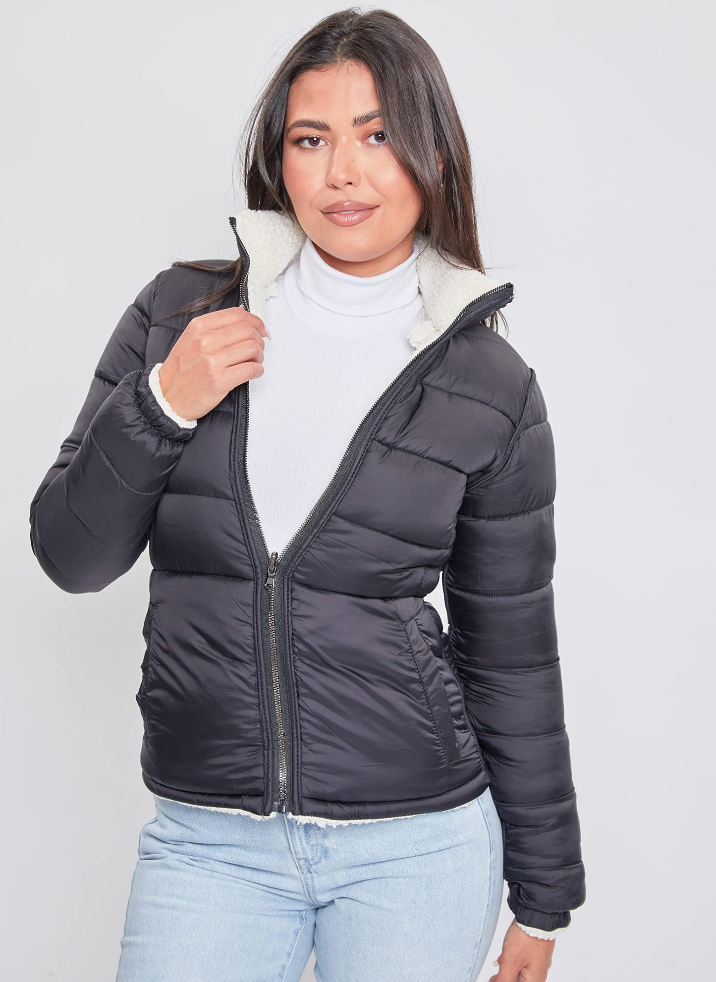 YMI Womens Junior Faux Leather Sherpa Lined Jacket, Ivobl, Small US