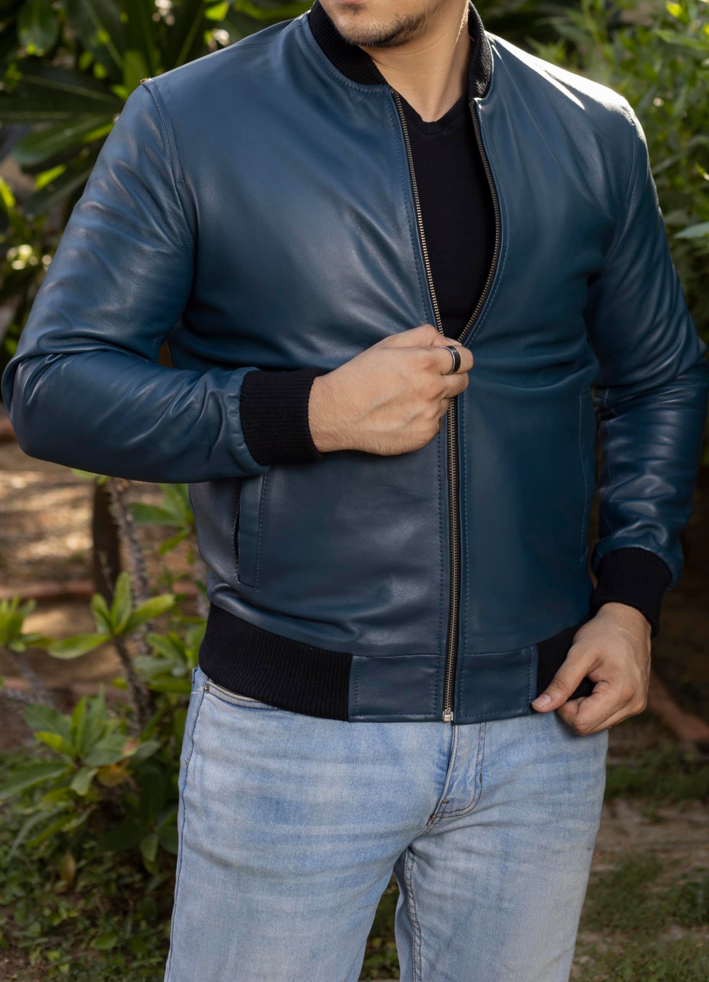 Jild Varsity Style Leather Bomber Jacket Men - Genuine Lambskin Men's Casual Fashion Classic MA-1 Leather Jacket (Rib-Blue-M)