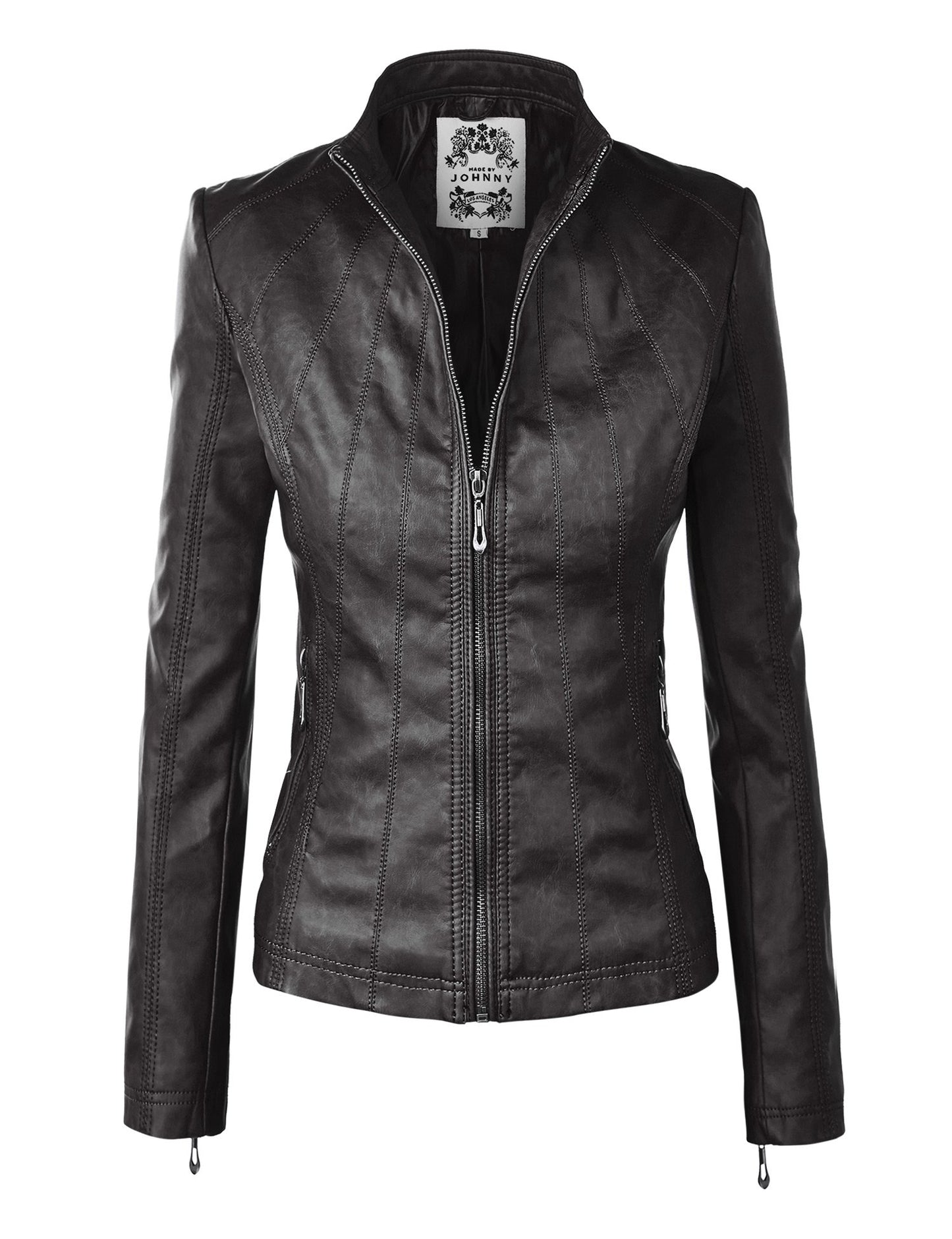 Made By Johnny MBJ WJC877 Womens Panelled Faux Leather Moto Jacket L Black