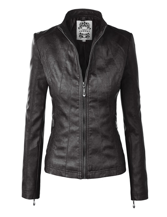 Made By Johnny MBJ WJC877 Womens Panelled Faux Leather Moto Jacket L Black