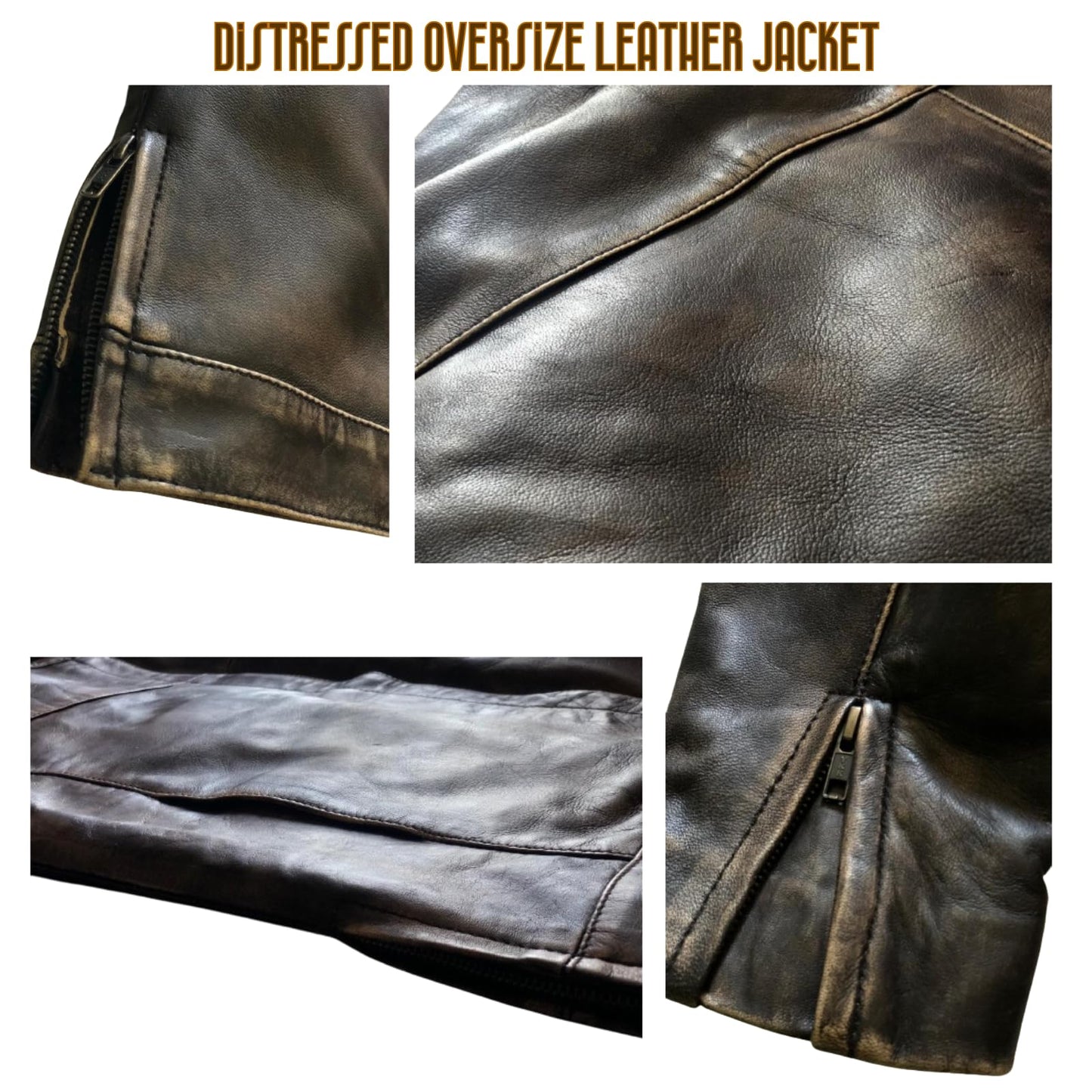Women’s Oversized Vintage Leather Bomber Jacket – Genuine Lambskin, Distressed, Drop-Shoulder, Zip-Front (Medium)