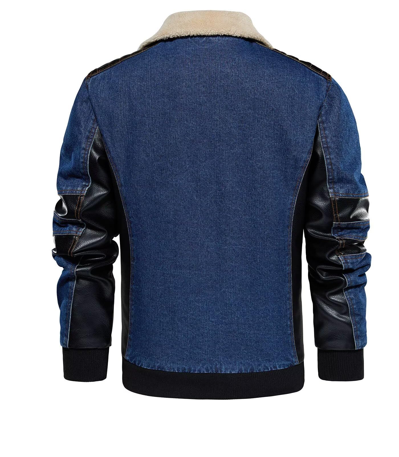 INVACHI Men's Denim Jaceket Vintage Fleece Lined Lapel Trucker Jacket with Leather Patchwork