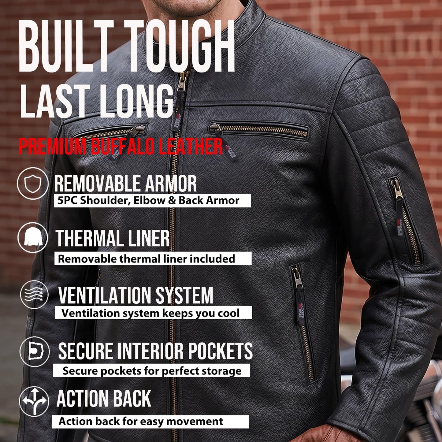 REVOLT Men's Motorcycle Jacket, Natural Buffalo Leather, CE Armor - Ventilation, Cruiser Motorbiker Touring Biker Black L