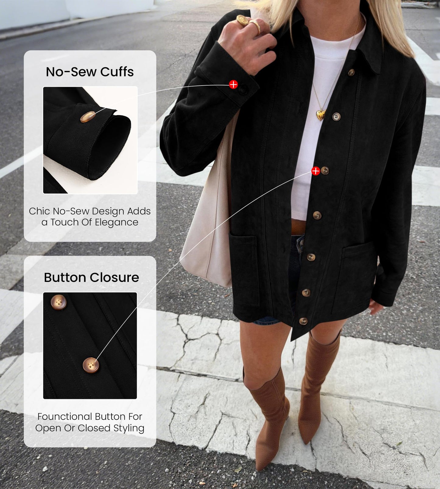 BTFBM Faux Suede Jacket Women Fall Fashion 2026 Leather Jackets Long Sleeve Button Down Winter Coats Shackets Outerwear(Black, Medium)