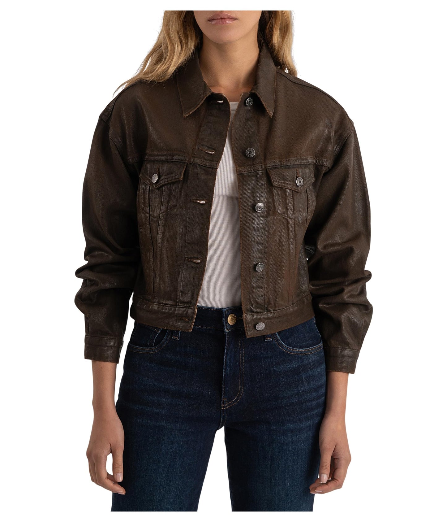 KUT from the Kloth, Womens, Emrie - Coated Long Sleeve Denim Jacket, Chocolate, Small
