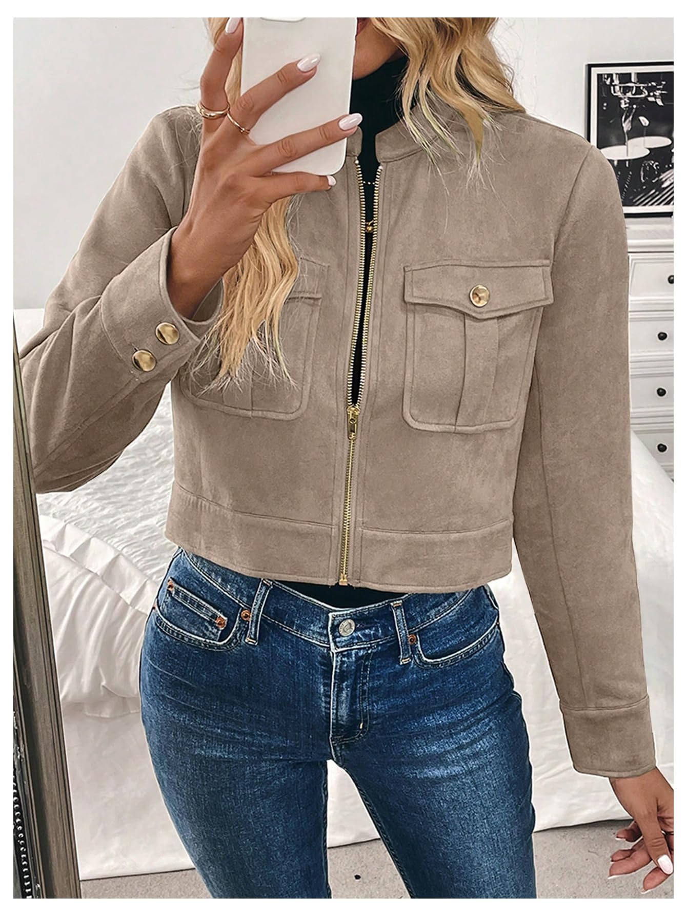 Verdusa Women's Zip Up Crop Spring Jackets Faux Suede Long Sleeve Motorcycle Cargo Jacket with Pockets Apricot Large