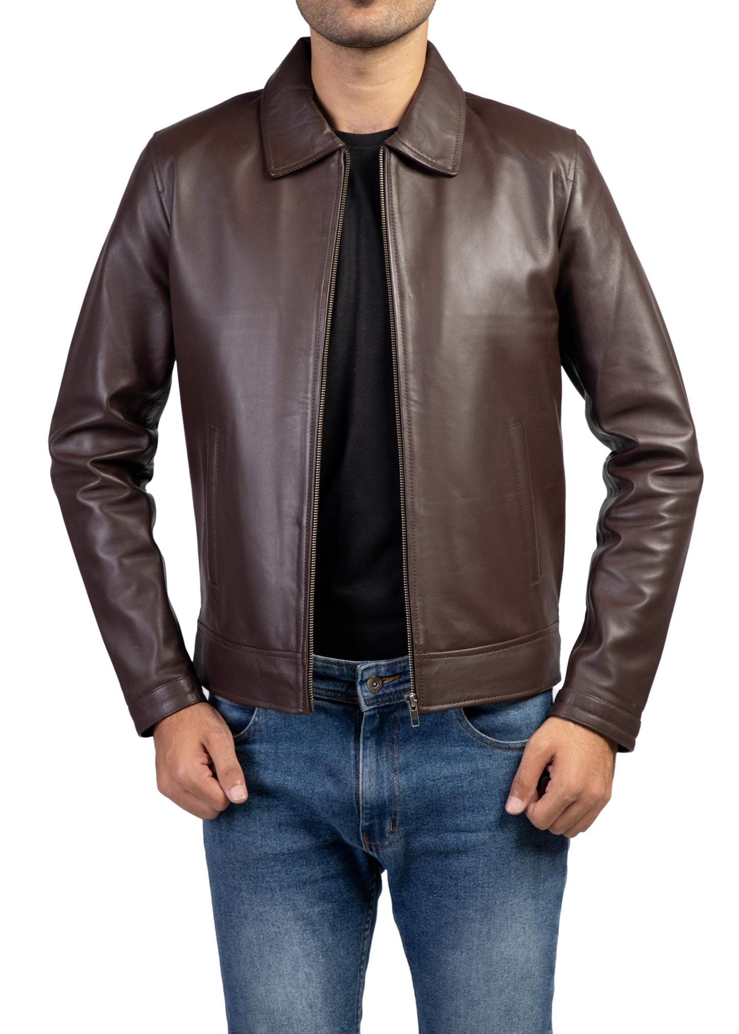 Jild Polo Collar Premium Leather Jacket Men - Old School Classic Style Everyday Wear Real Lambskin Mens Leather Jacket (Polo-Brown-M)