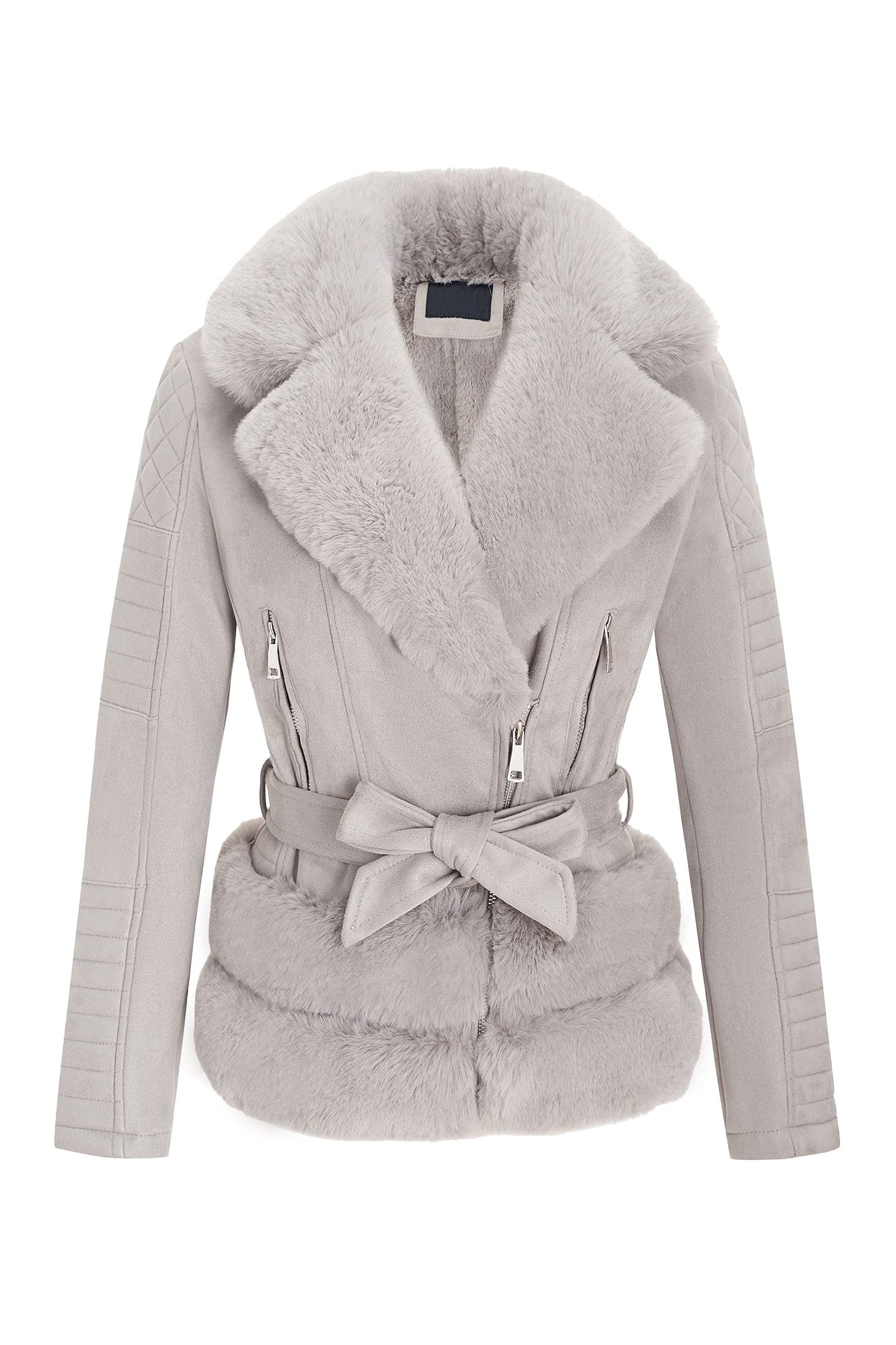 Bellivera Women's Faux Leather Moto Biker Jacket Aviator Sherpa Lined Winter Outerwear with Faux Fur Collar 8831A Grey M