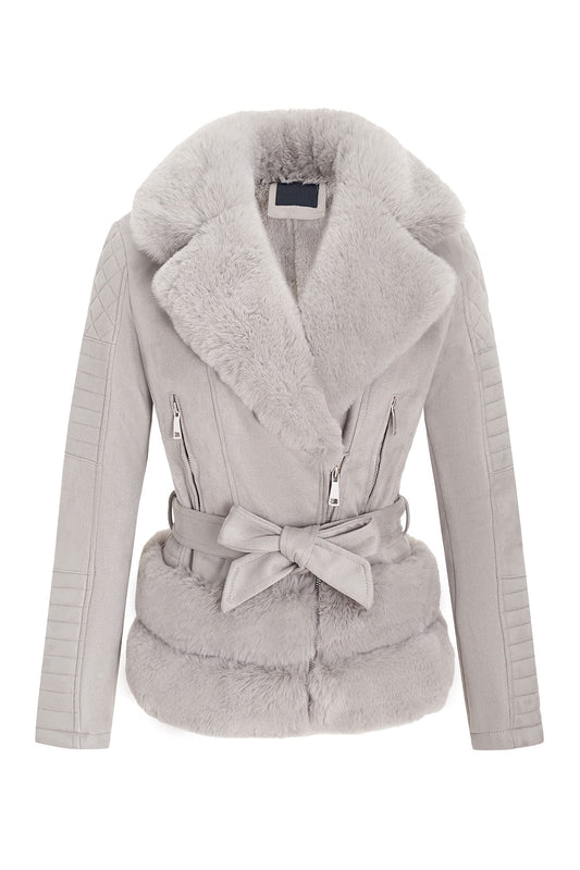Bellivera Women's Faux Leather Moto Biker Jacket Aviator Sherpa Lined Winter Outerwear with Faux Fur Collar 8831A Grey M