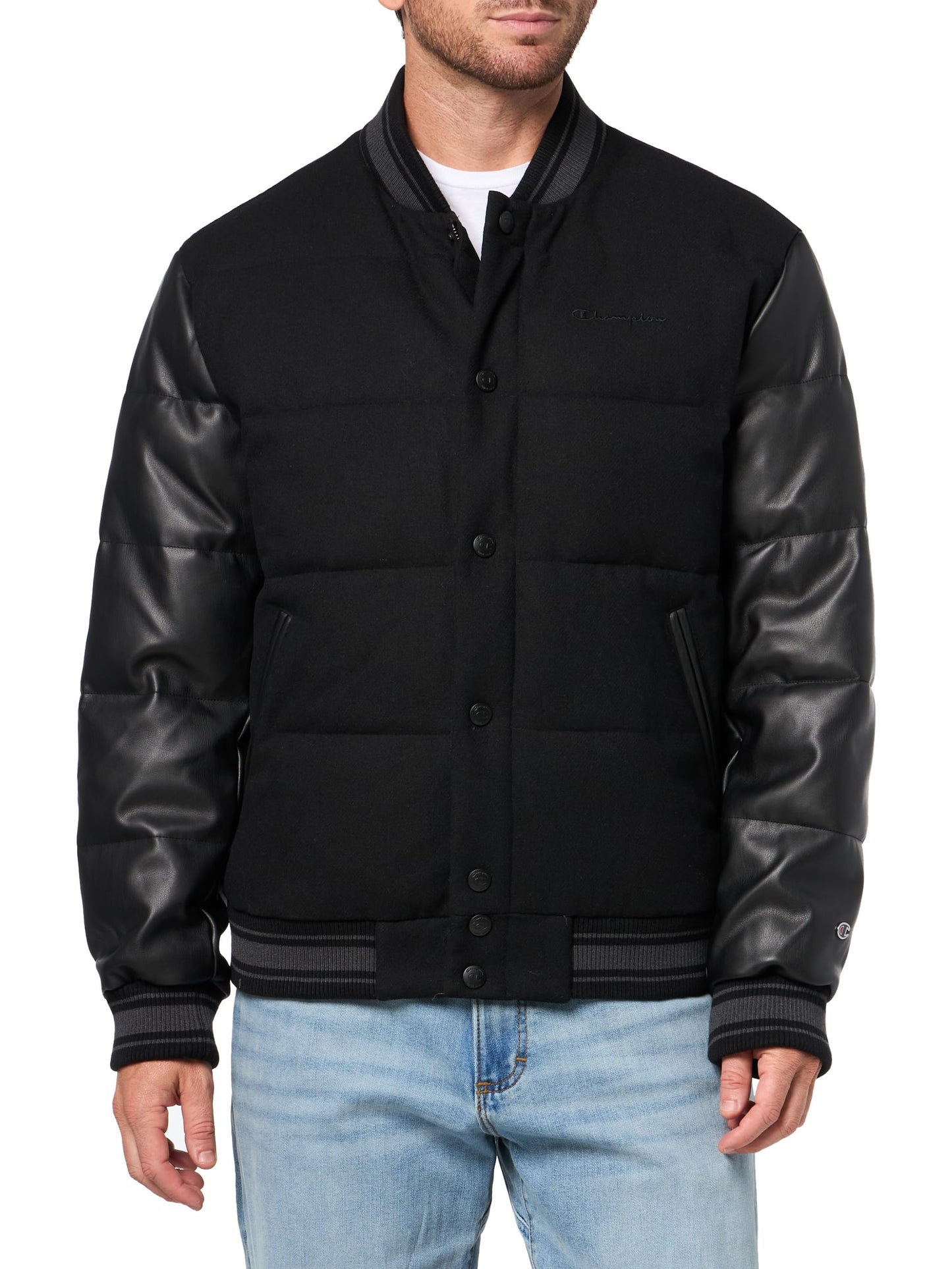 Champion Men's Varsity Bomber Puffer Jacket, Black Faux Leather, Large