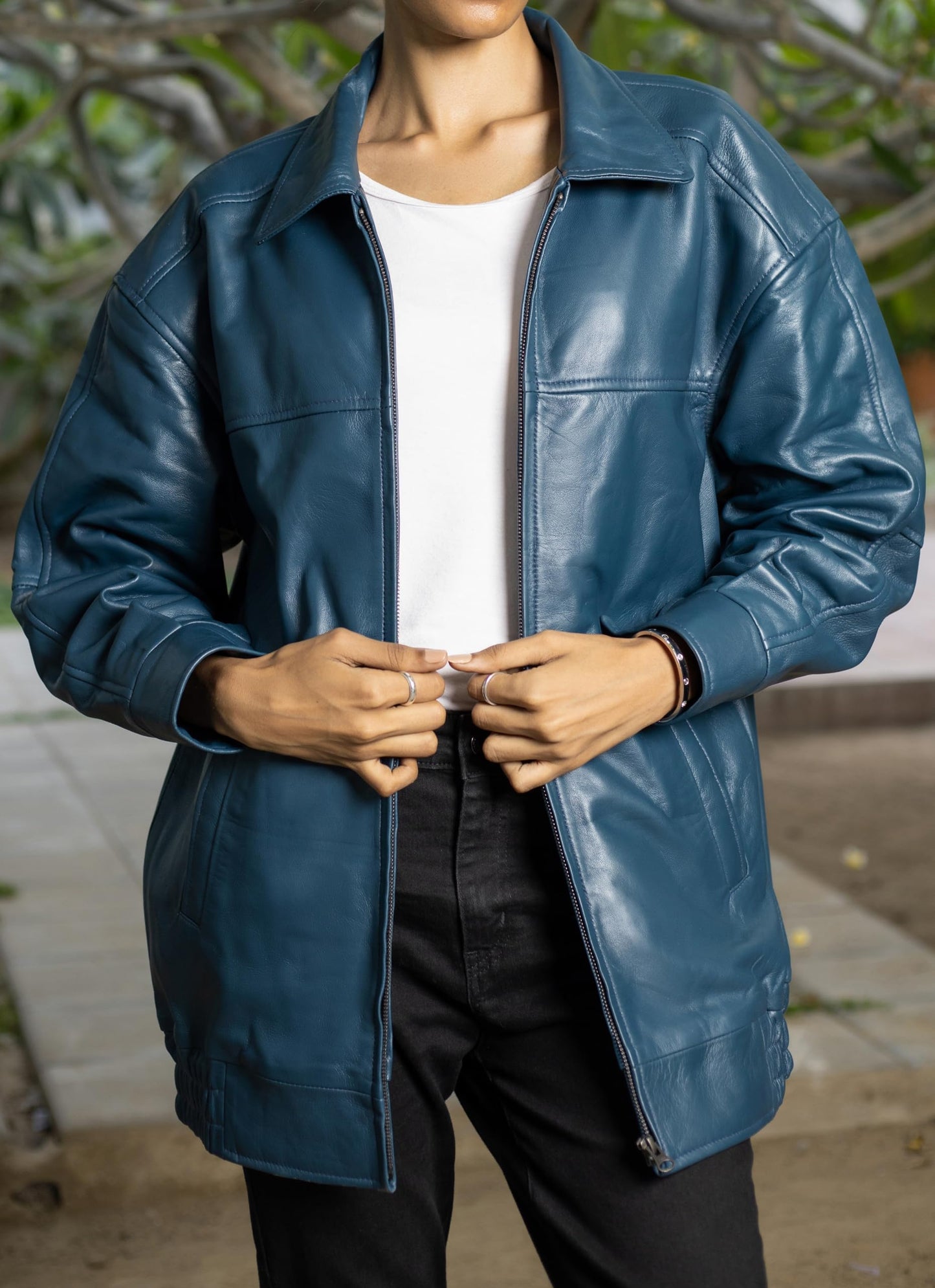 Jild Oversized Leather Jacket Women - Lambskin Leather Fall Jacket for Womens Fashion Plus Size Outfits (OSW-Blue-L)