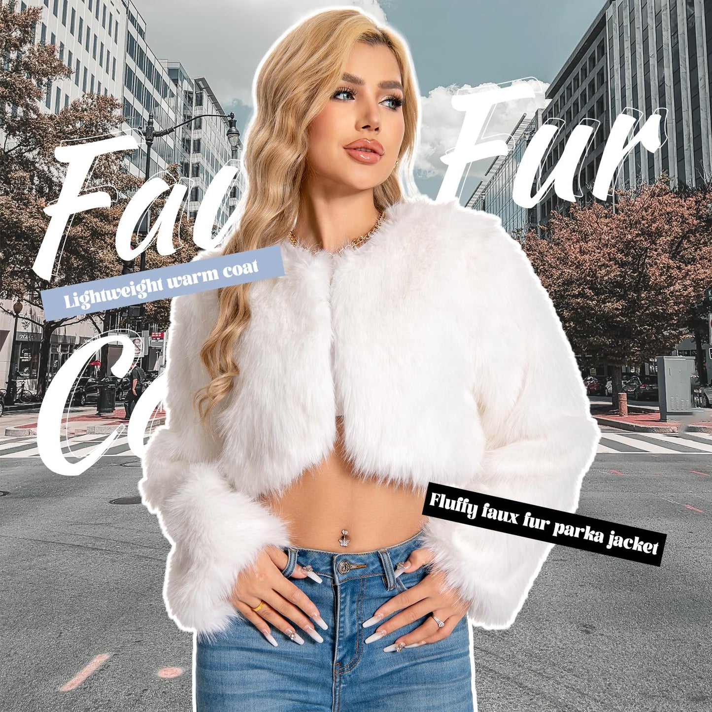 WELLATENT Fur Coats For Women,Plus Size Cropped Faux Fuzzy Jacket Fluffy Fall Coat.
