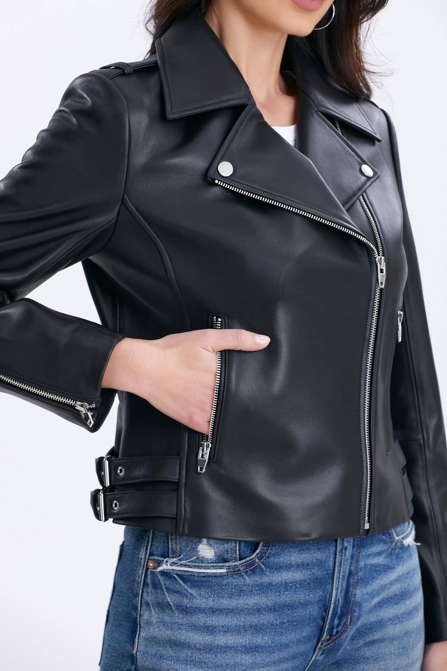 SILVER FASHIONS Asymmetrical Leather Jacket Women,Spring&Fall&Winter Lambskin Moto Outwear(Large,Black)
