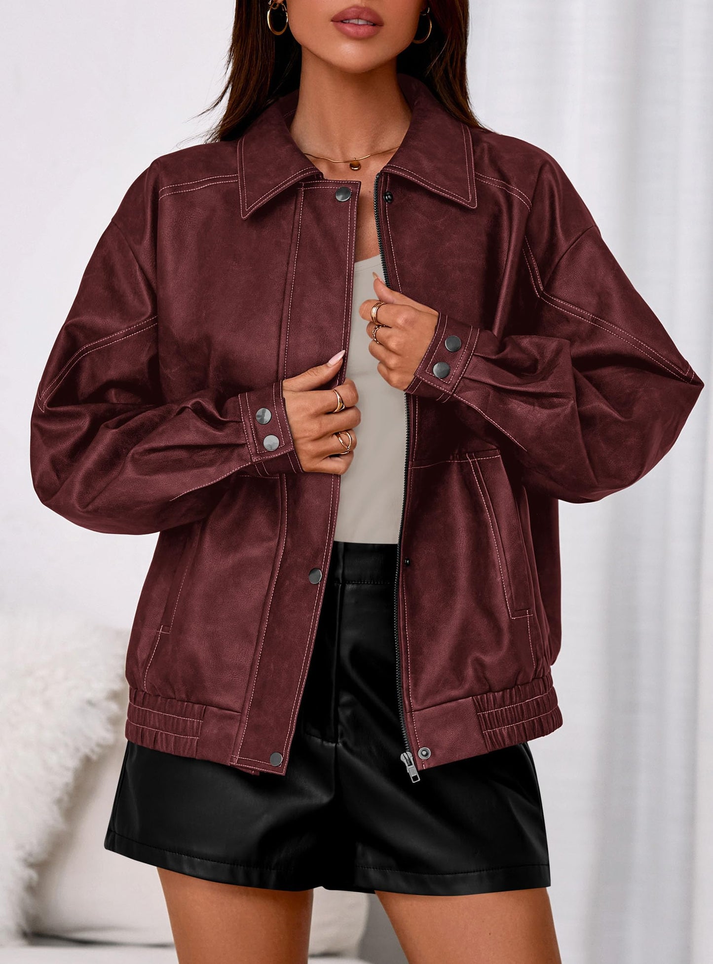 PRETTYGARDEN Faux Leather Jacket Women Bomber Motorcycle Zip Up Jackets Oversized Fall Fashion Outfits 2026 Winter Coats (Wine Red,Medium)