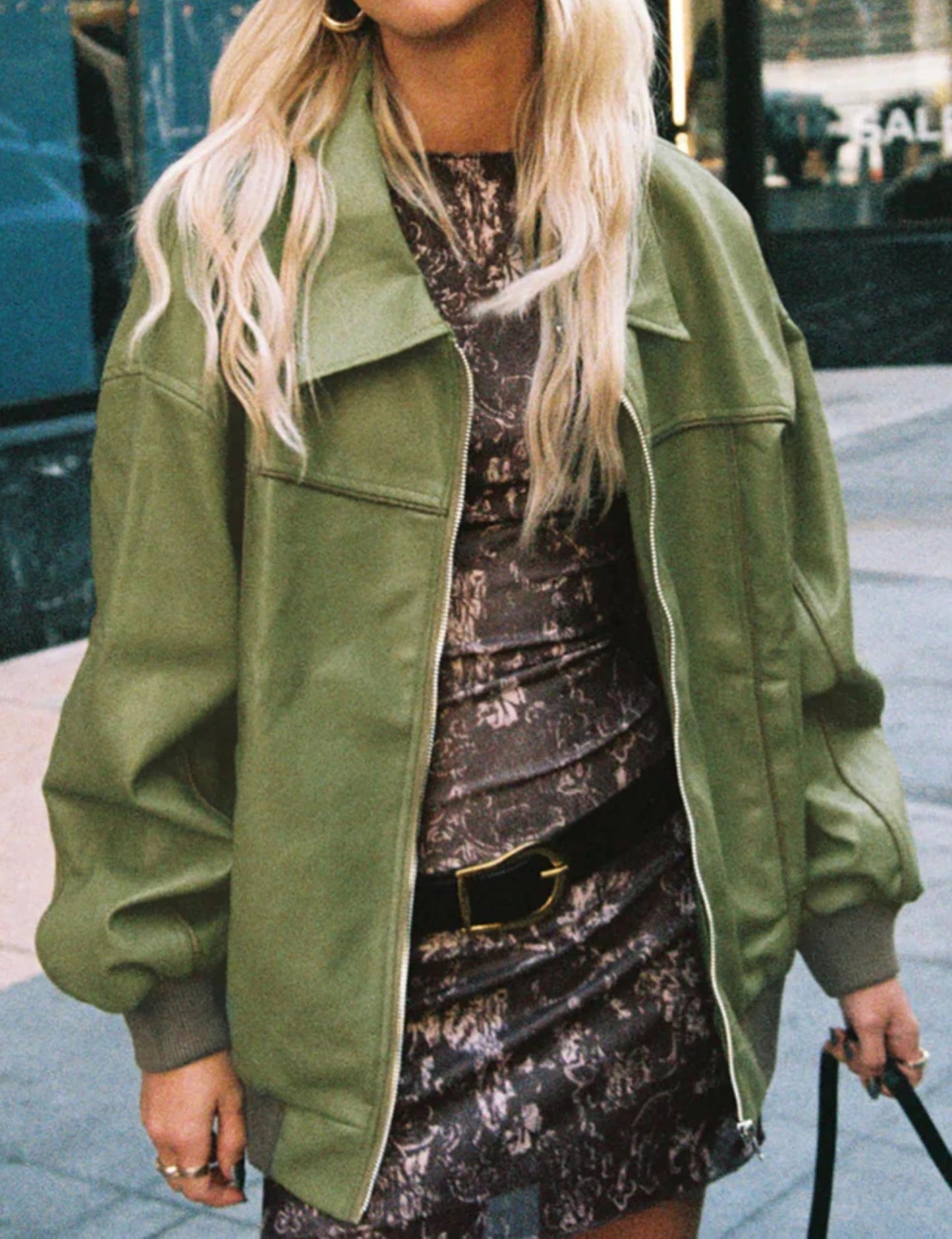 EsheSy Women's Oversized Leather Jacket Faux Suede Boyfriend Motorcycle Full Zip Bomber Jacket(Green-S)