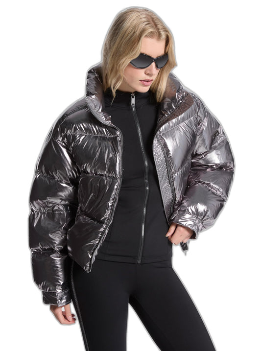 Michael Kors Women's Metallic Short Down Jacket, Gunmetal, XX-Large