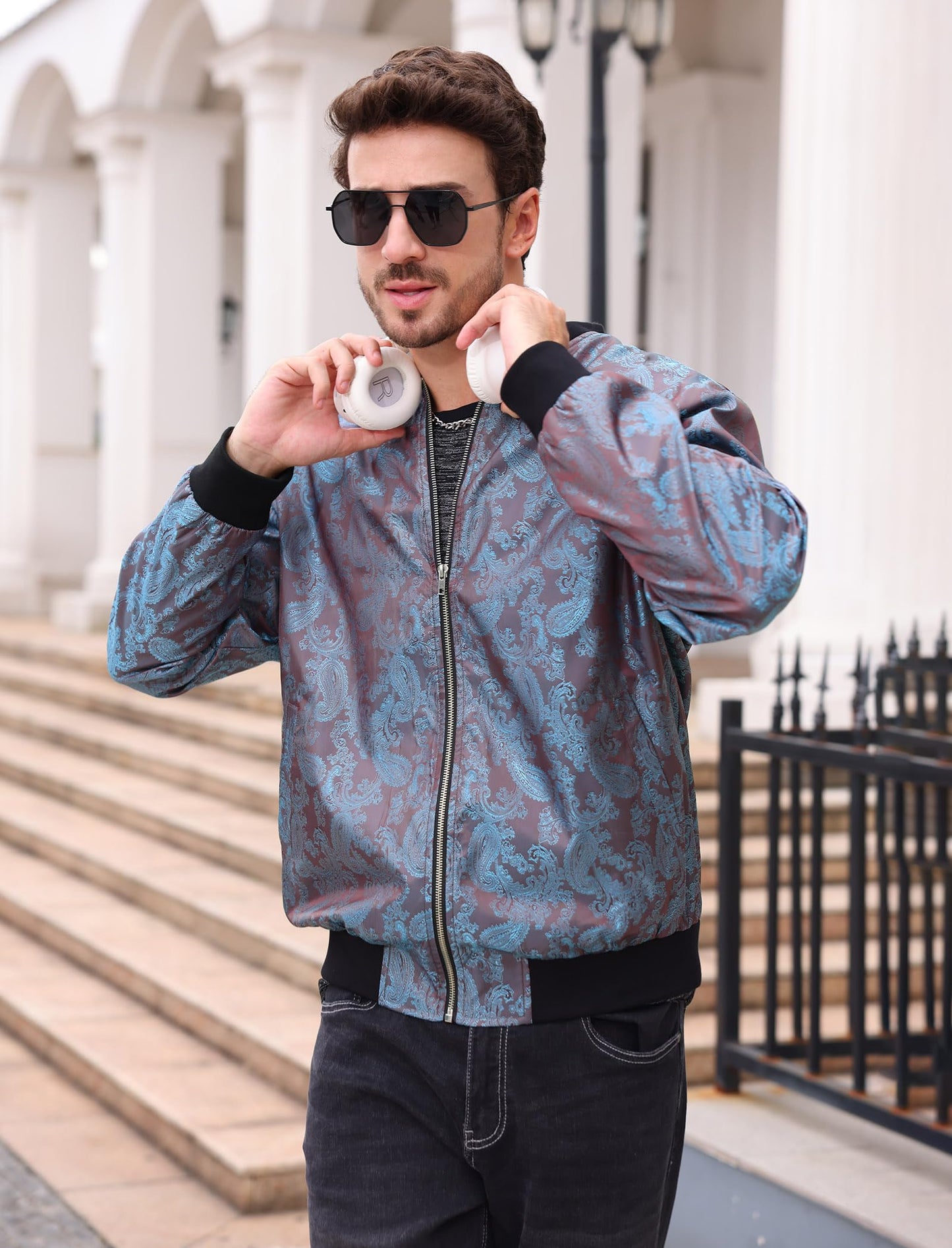 Bomber Jacket Windbreaker Jackets Men 70s Disco Men Long Sleeve Zip Up Varsity Jacket Stand Collar Coat With Pockets Nightclubs Leisure Holiday Fall Winter Chaqueta Bomber Para Hombre Purple-Blue S