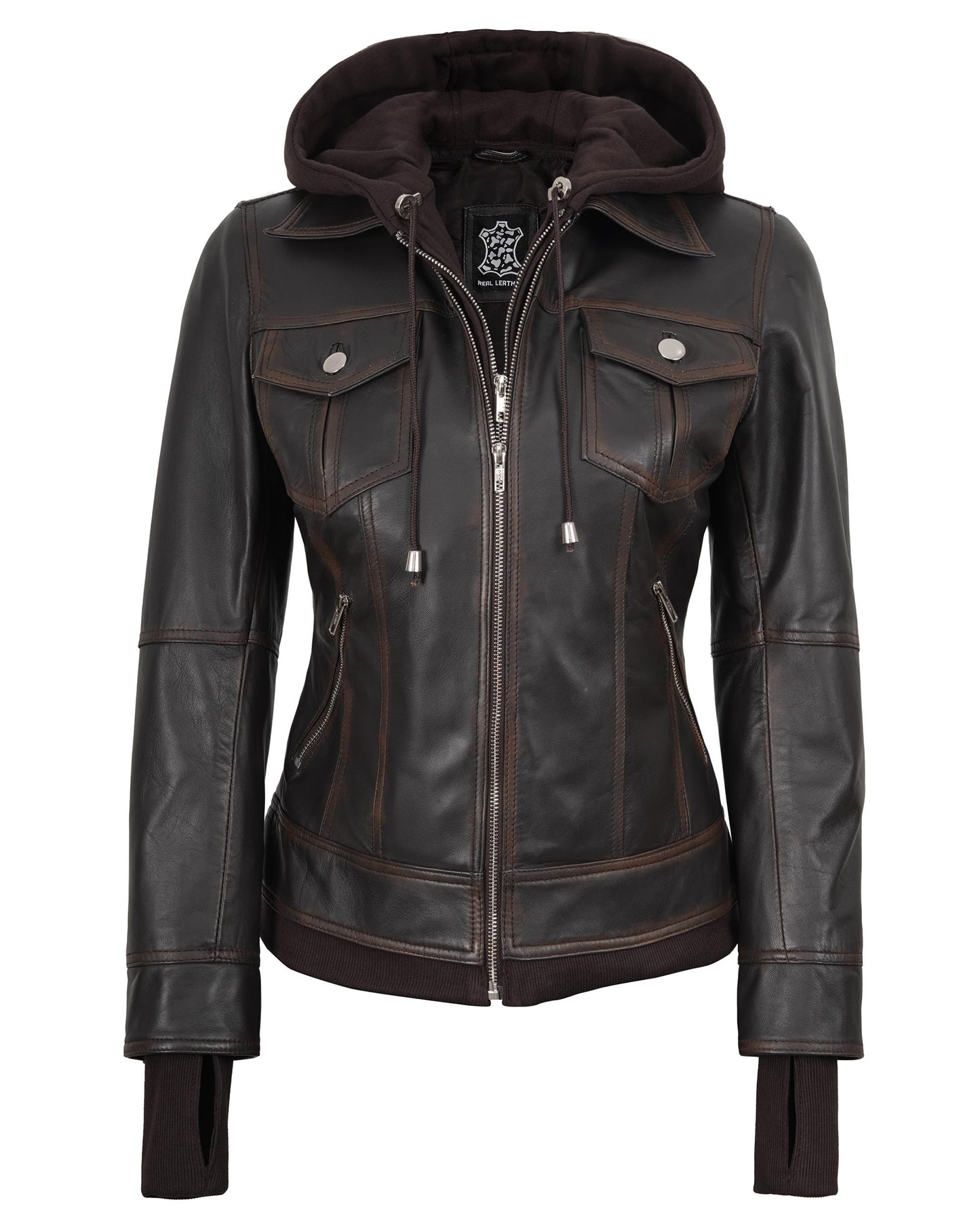 fjackets Leather Jackets For Women - Removable Hood Real Lambskin Tralee Ruboff Leather Jacket Women (N2) | [1316122] S