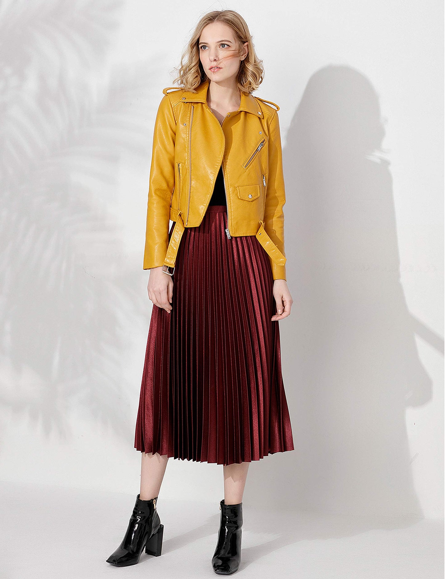 Jhichic Women's Faux Leather Textured Short Moto Jacket Zip-up Slim PU Biker Coat with Pockets (Yellow, M)