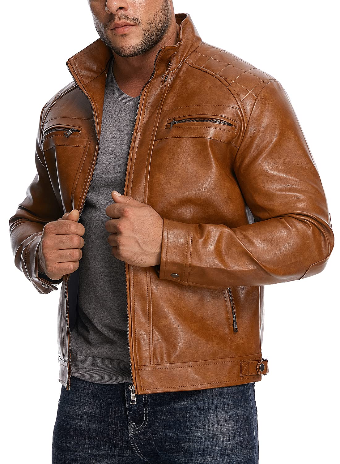 HOOD CREW Men’s Stand Collar Leather Jacket Casual Faux Leather Motorcycle Jacket Outerwear Coat with Zipper Pockets Brown 4XL
