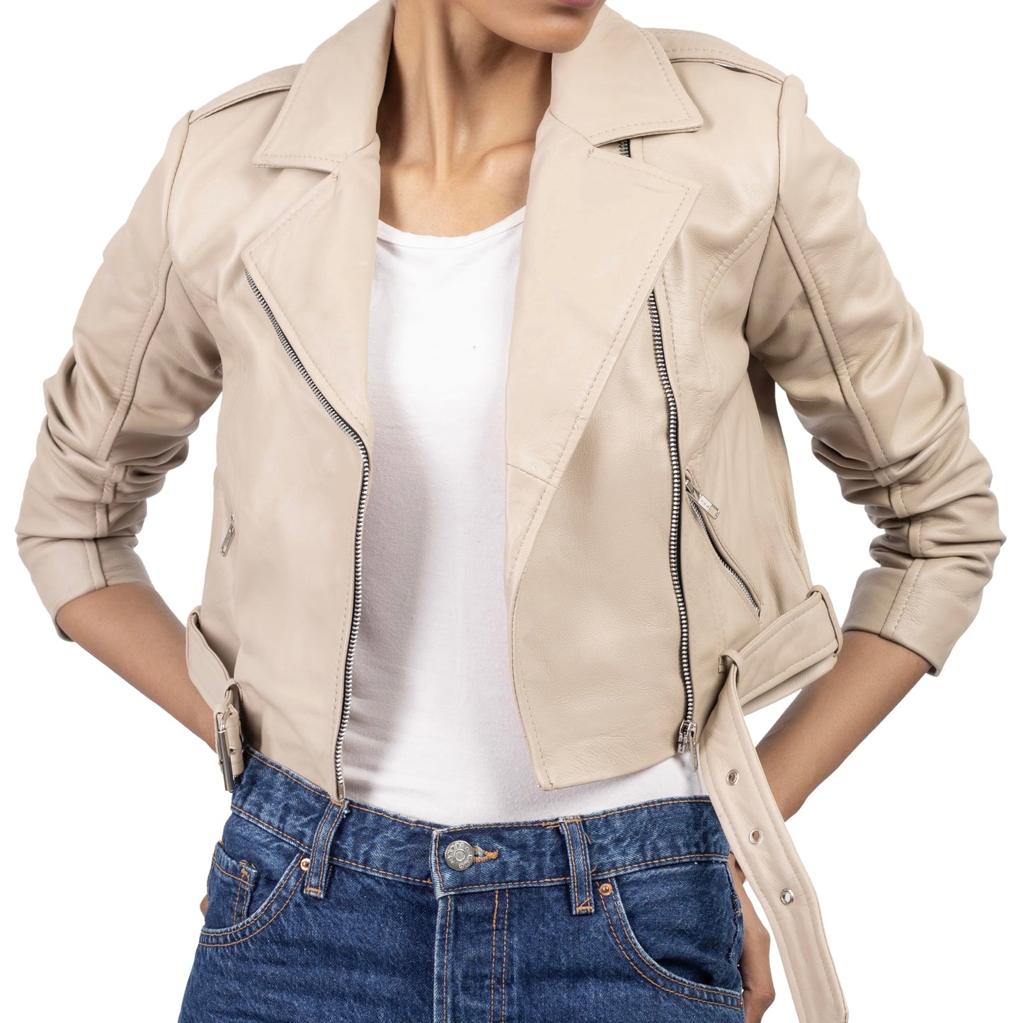 Jild Cropped Leather Jacket Women Lapel Asymmetric Zip Up Moto Biker Short Coat with Belt (CW-A.White-XXL)