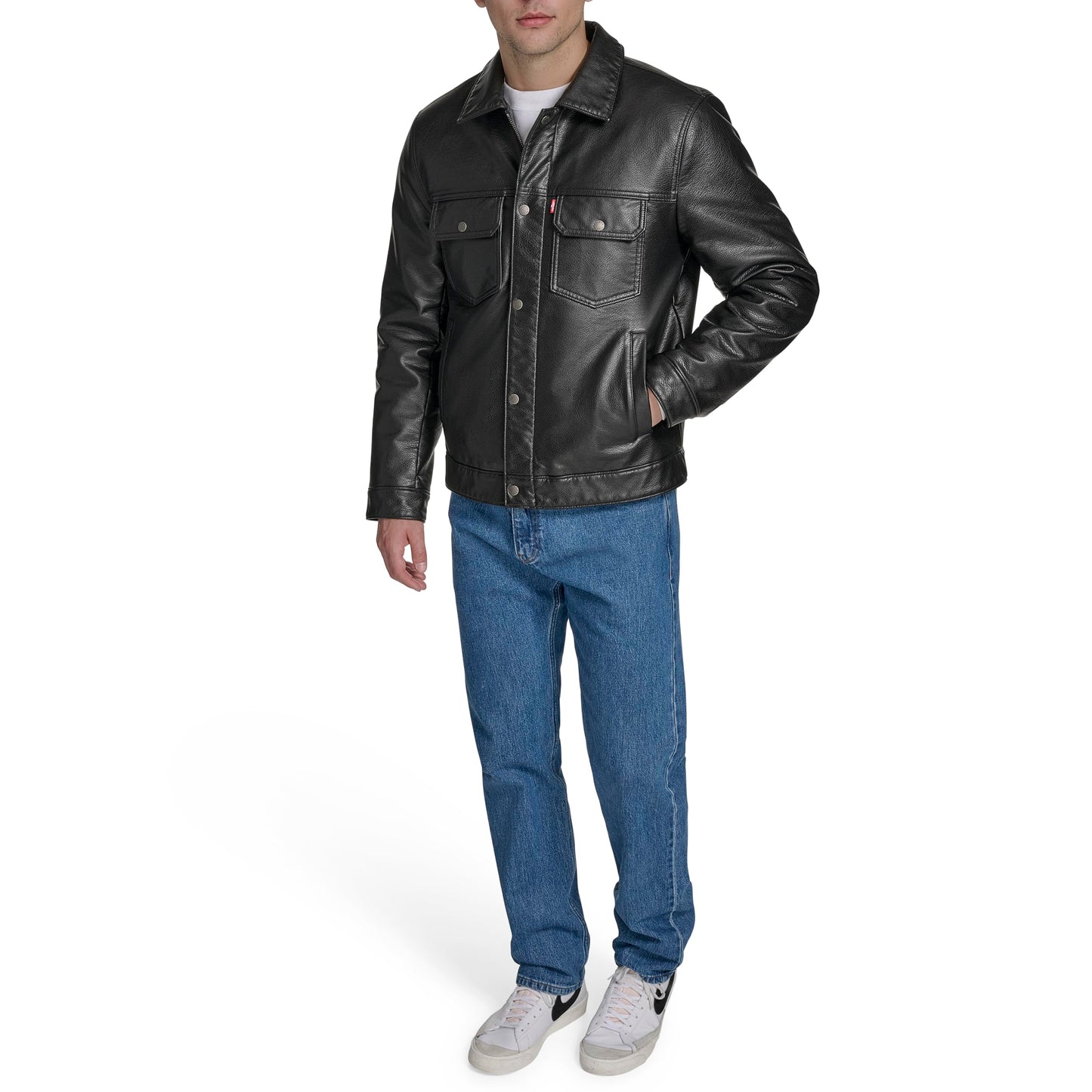Levi's Men's Faux Leather Trucker Jacket with Quilted Lining, Black, Medium
