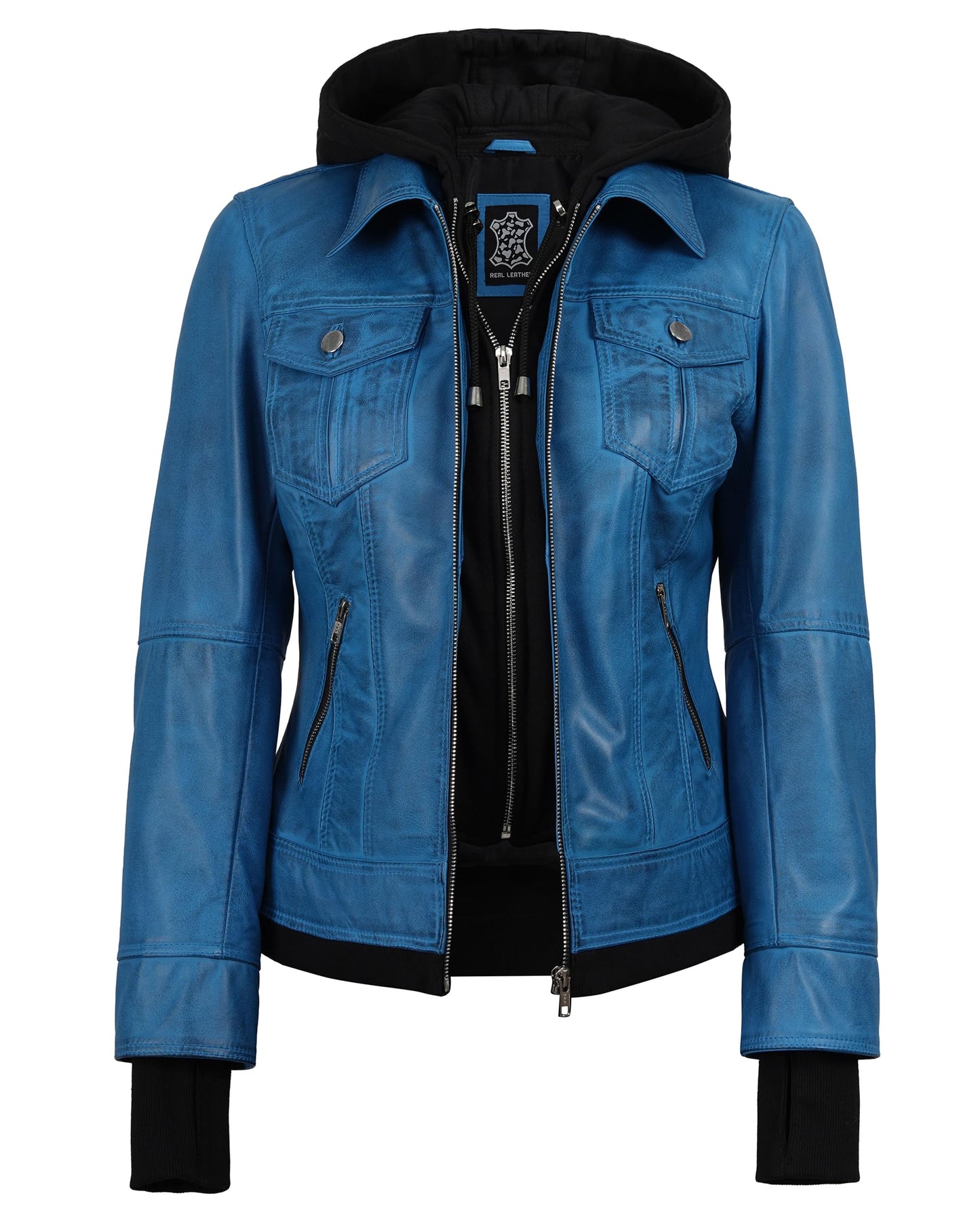 Blingsoul Womens Real Leather Jacket With Hood | [1332243] Betty Vivid Blue, M