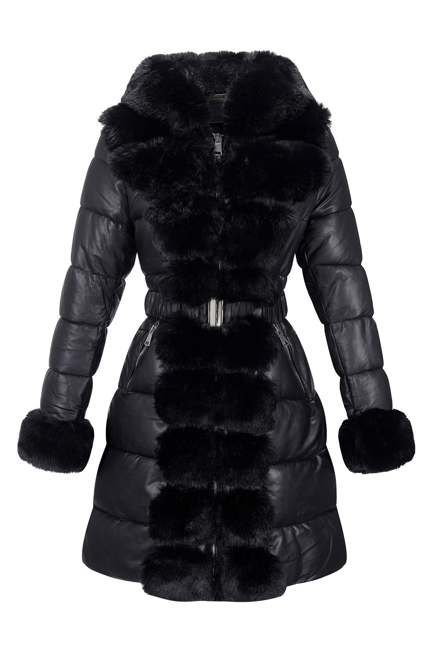 RISISSIDA Puffer Coat Women Winter Down Faux Fur Lined Puffy Jacket with Long Collar Hood, Thicken Quilted Warm Leather Bubble Overcoat Black X-L