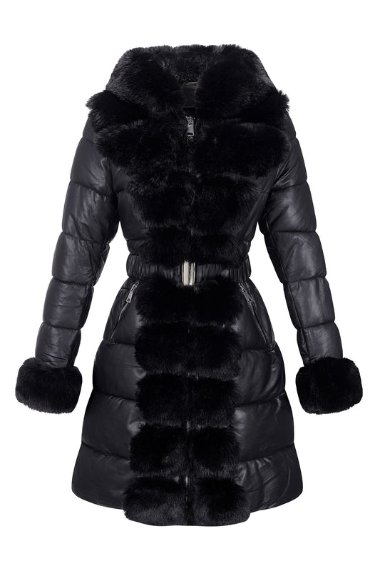 RISISSIDA Puffer Coat Women Winter Down Faux Fur Lined Puffy Jacket with Long Collar Hood, Thicken Quilted Warm Leather Bubble Overcoat Black X-L