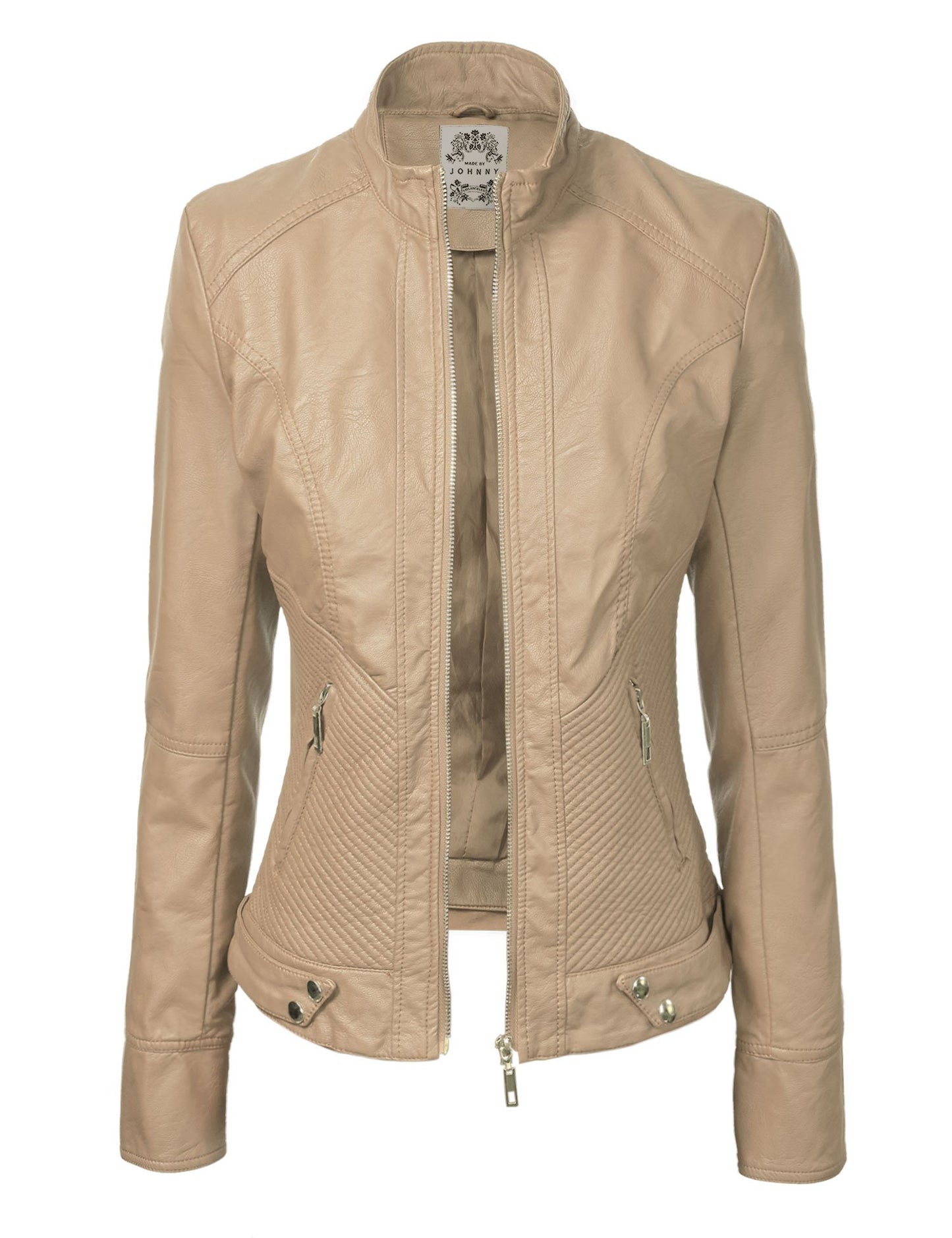Made By Johnny MBJ WJC747 Womens Dressy Vegan Leather Biker Jacket M Khaki