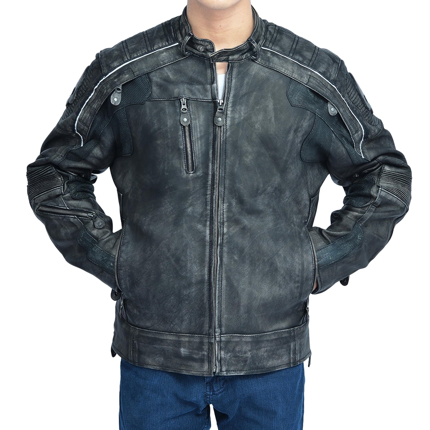 Mulch Leather Co Men's Genuine Leather Skull Motorcycle Jacket Armored Biker Riding Jacket | Air Vents, Reflective Safety Panels, Impact Padding, Distressed Finish (Large, Black Distressed)