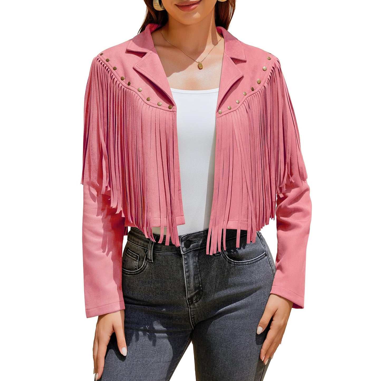 UpFind Women's Fringe Faux Suede Leather Jackets Fashion Fall Western Tassel Motorcycle Cropped Open Front Coats with Rivets, Rose Pink/Medium
