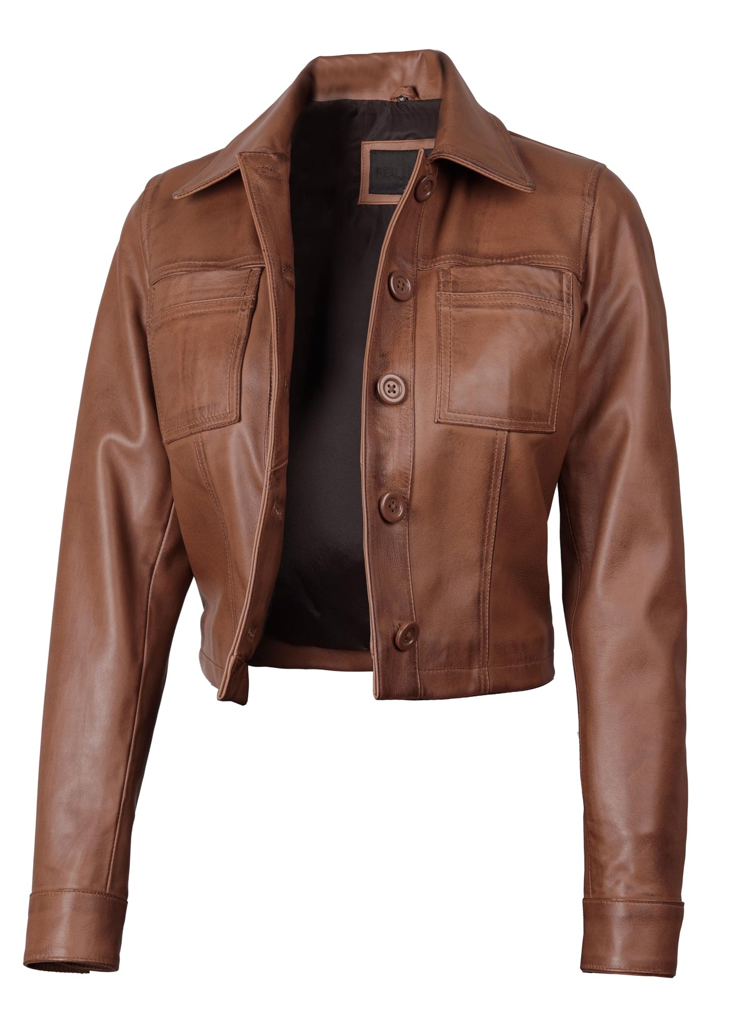 Decrum Womens Cropped Leather Jacket - Jackets For Women Leather | [1329312] Mable Cognac Wax, S