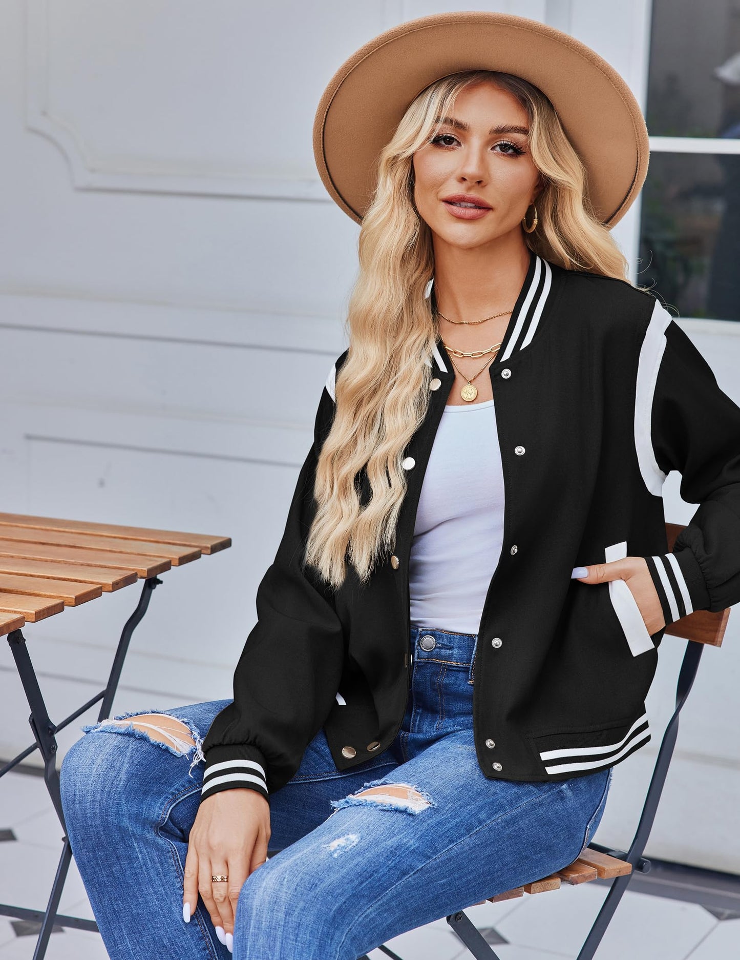 Zeagoo Women's Bomber Jacket Fall Lightweight Button Up Varsity Jacket Casual Striped Work School Outerwear with Pockets